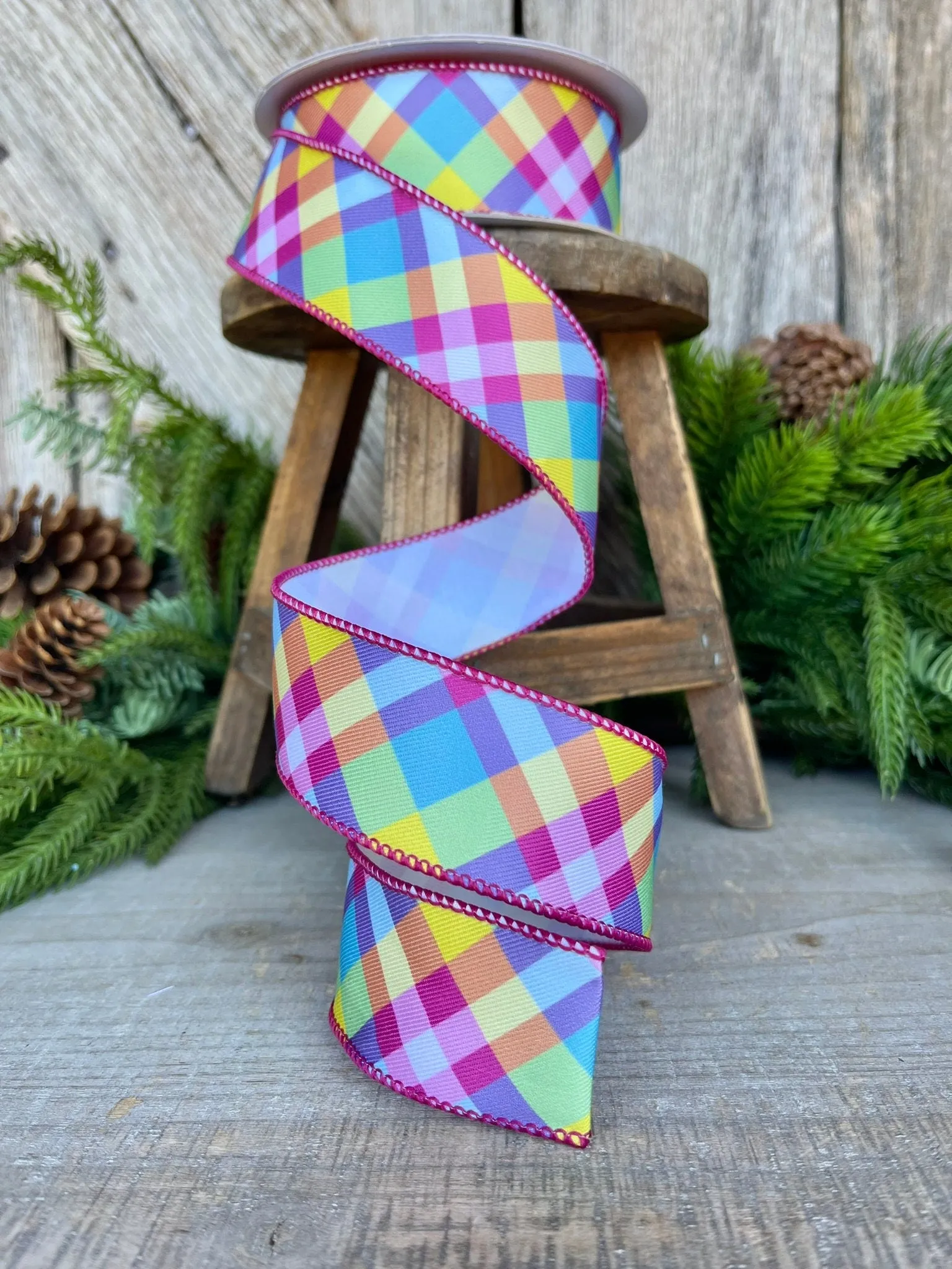 1.5" Bright Pastel Plaid Wired RIbbon, Spring Ribbon