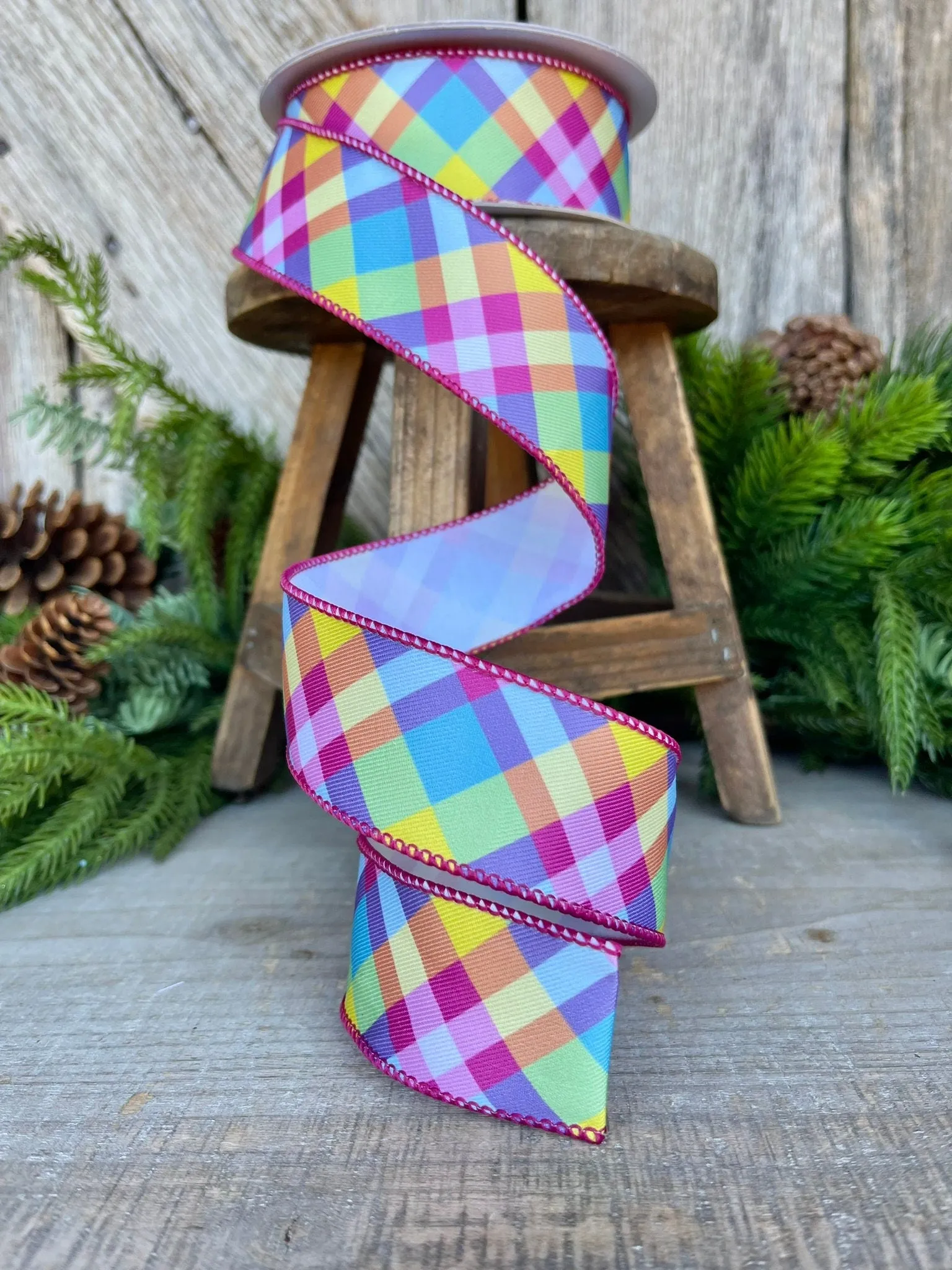 1.5" Bright Pastel Plaid Wired RIbbon, Spring Ribbon