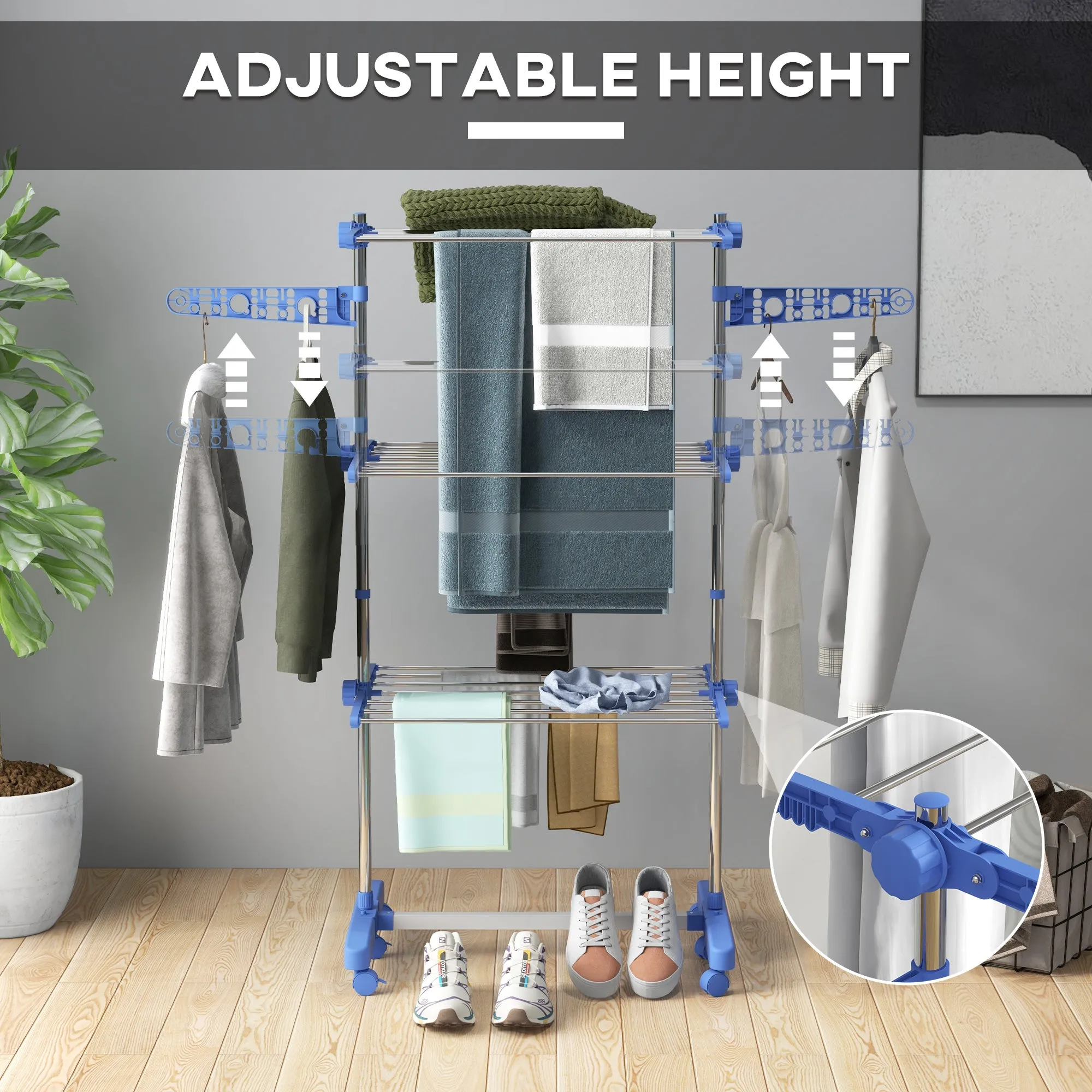 3-Tier Large Clothes Airer Stainless Steel Clothes Drying Rack Blue