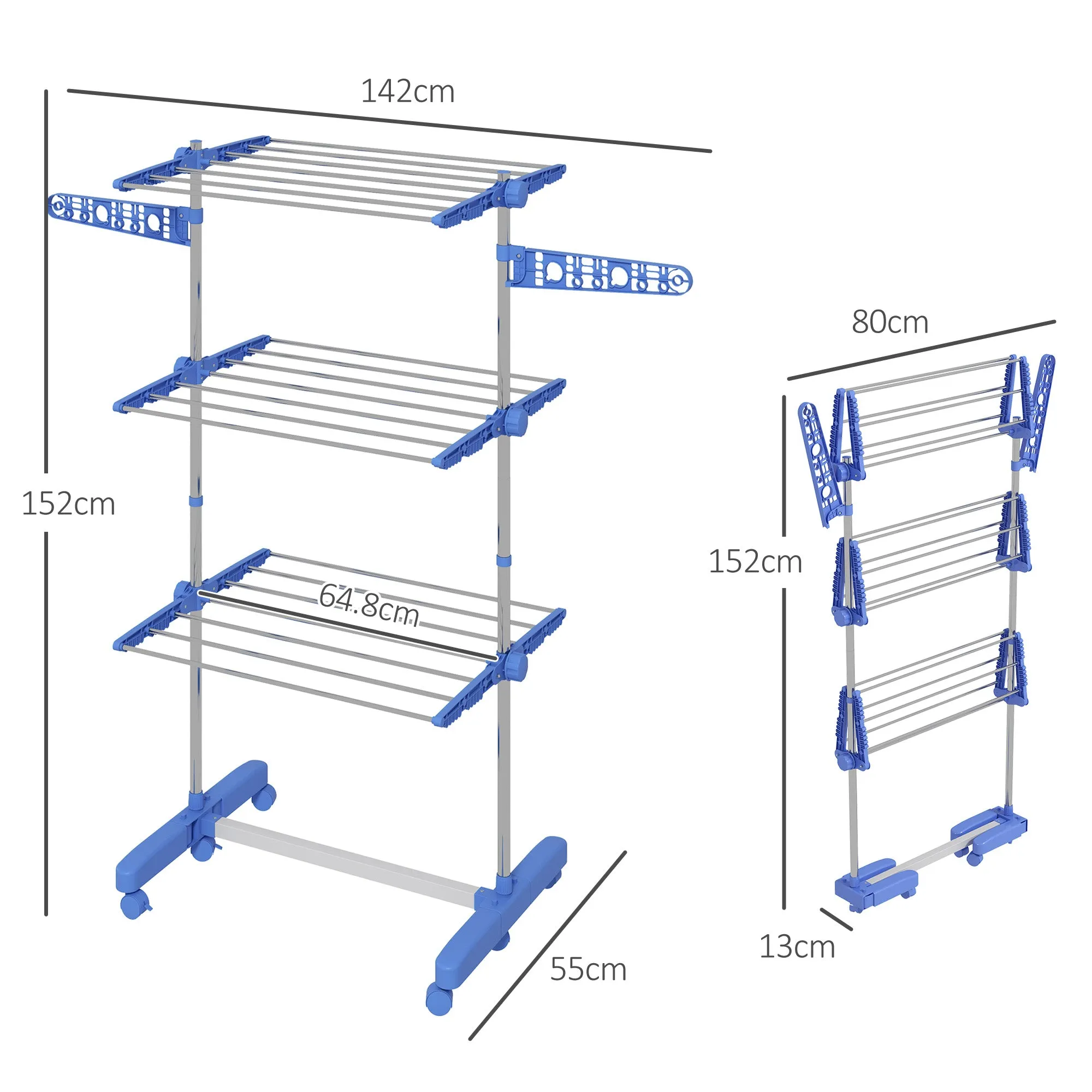 3-Tier Large Clothes Airer Stainless Steel Clothes Drying Rack Blue