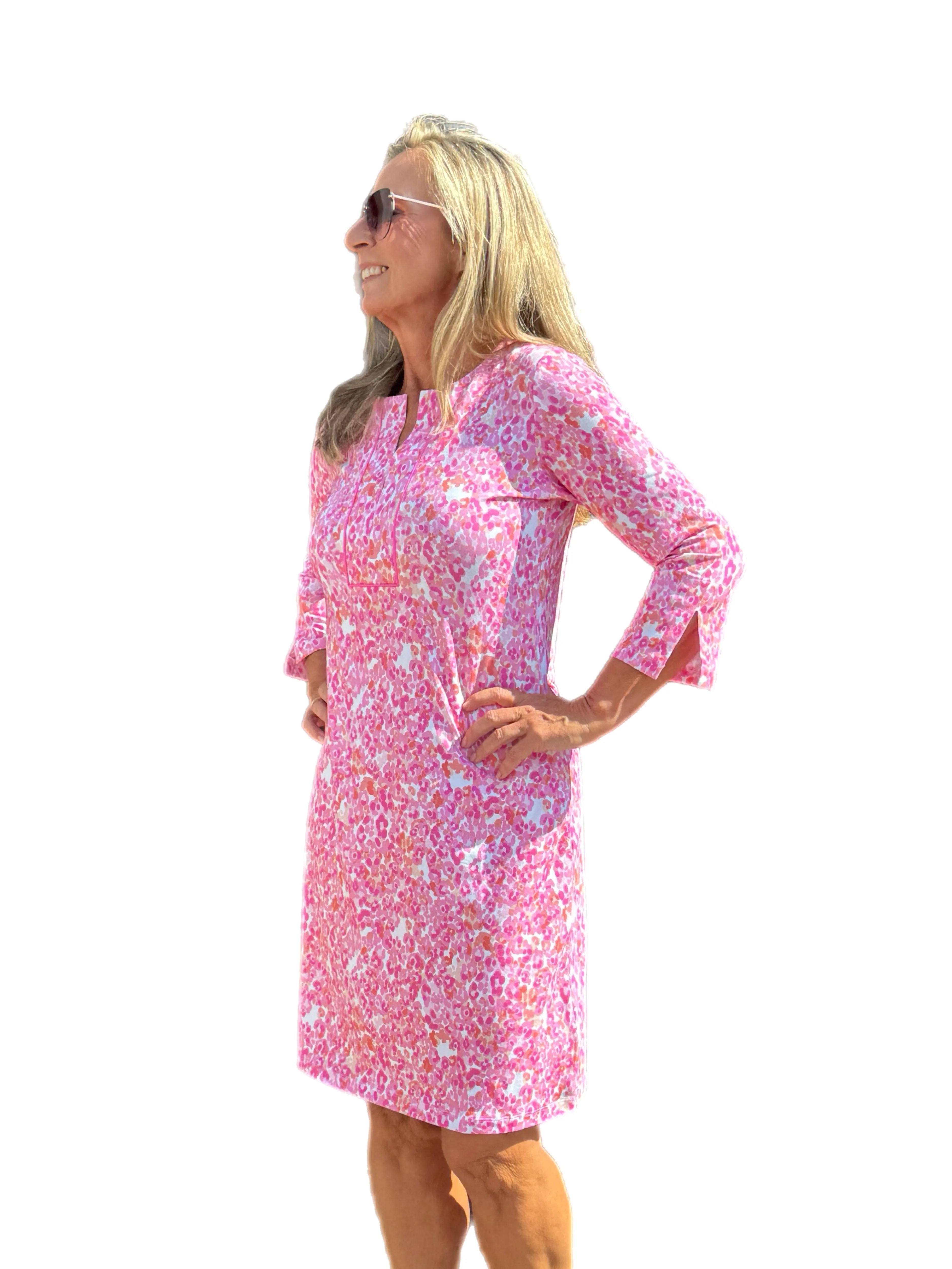 3/4 Sleeve Slit Placket COTTON Dress with UPF50  Kat Pink/Coral