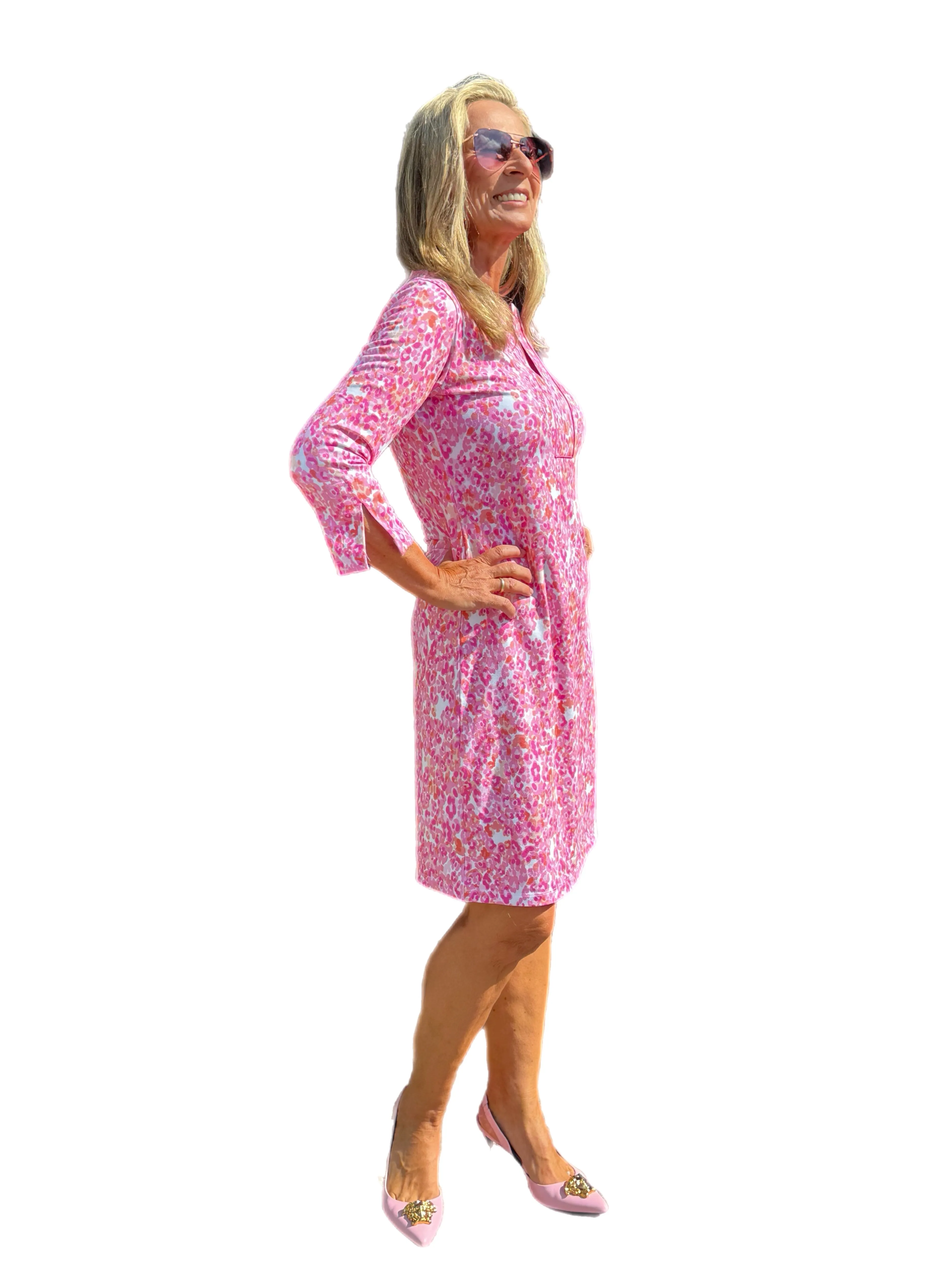 3/4 Sleeve Slit Placket COTTON Dress with UPF50  Kat Pink/Coral