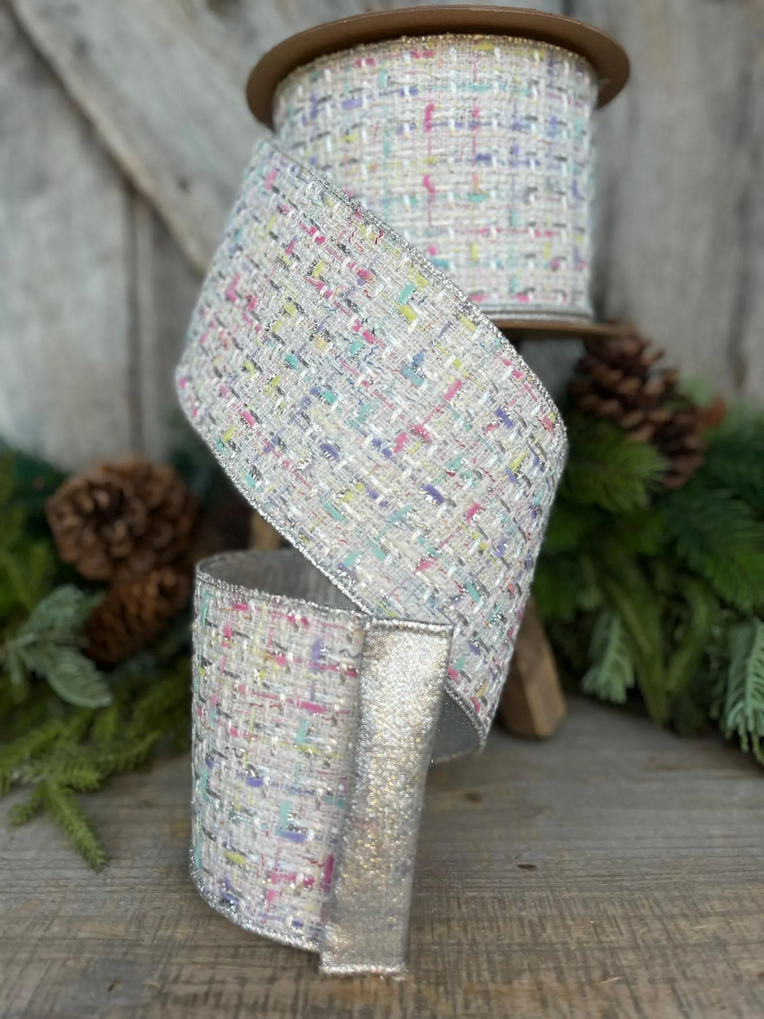 4" White Tweed Ribbon, Pastel Christmas Ribbon