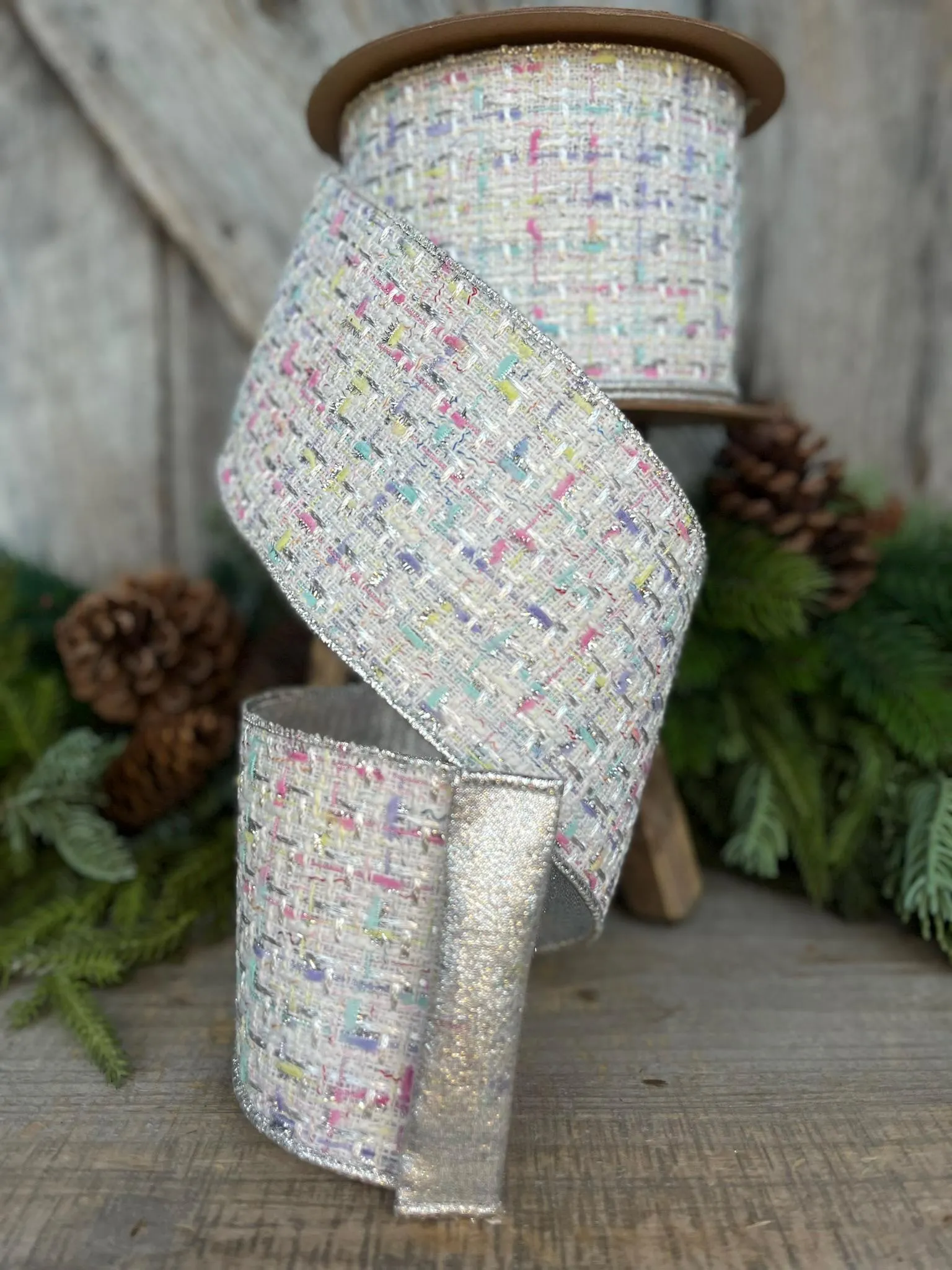 4" White Tweed Ribbon, Pastel Christmas Ribbon