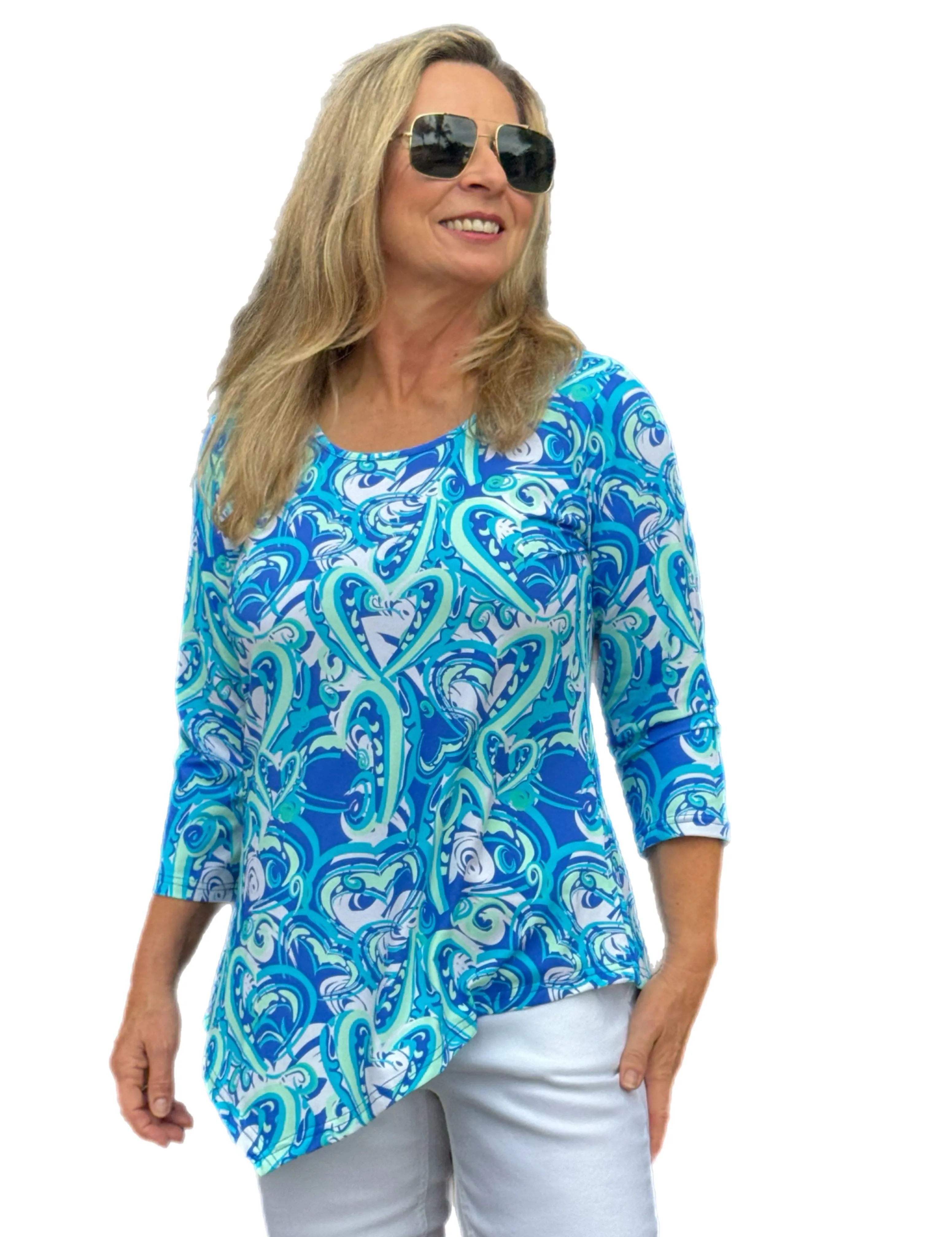 Asymmetrical Hemline Top with UPF50  Blue Hearts