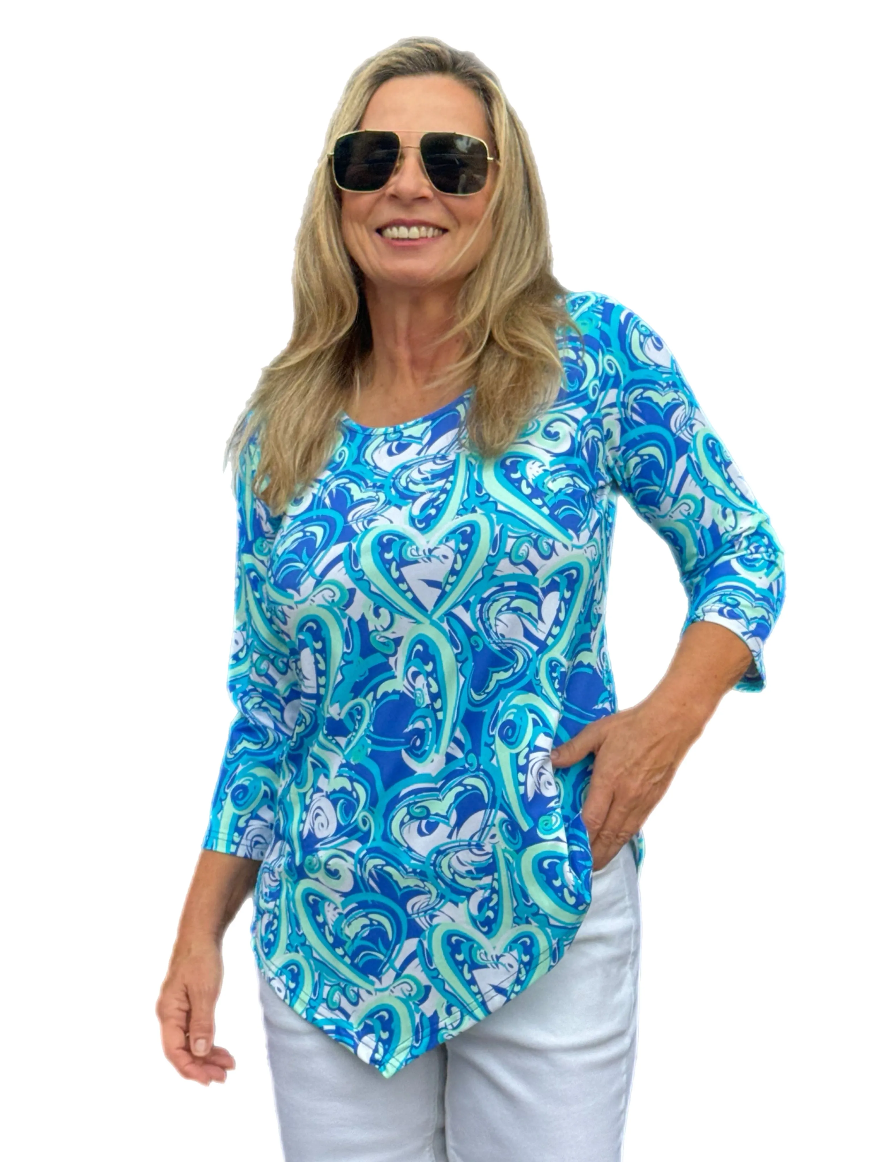 Asymmetrical Hemline Top with UPF50  Blue Hearts