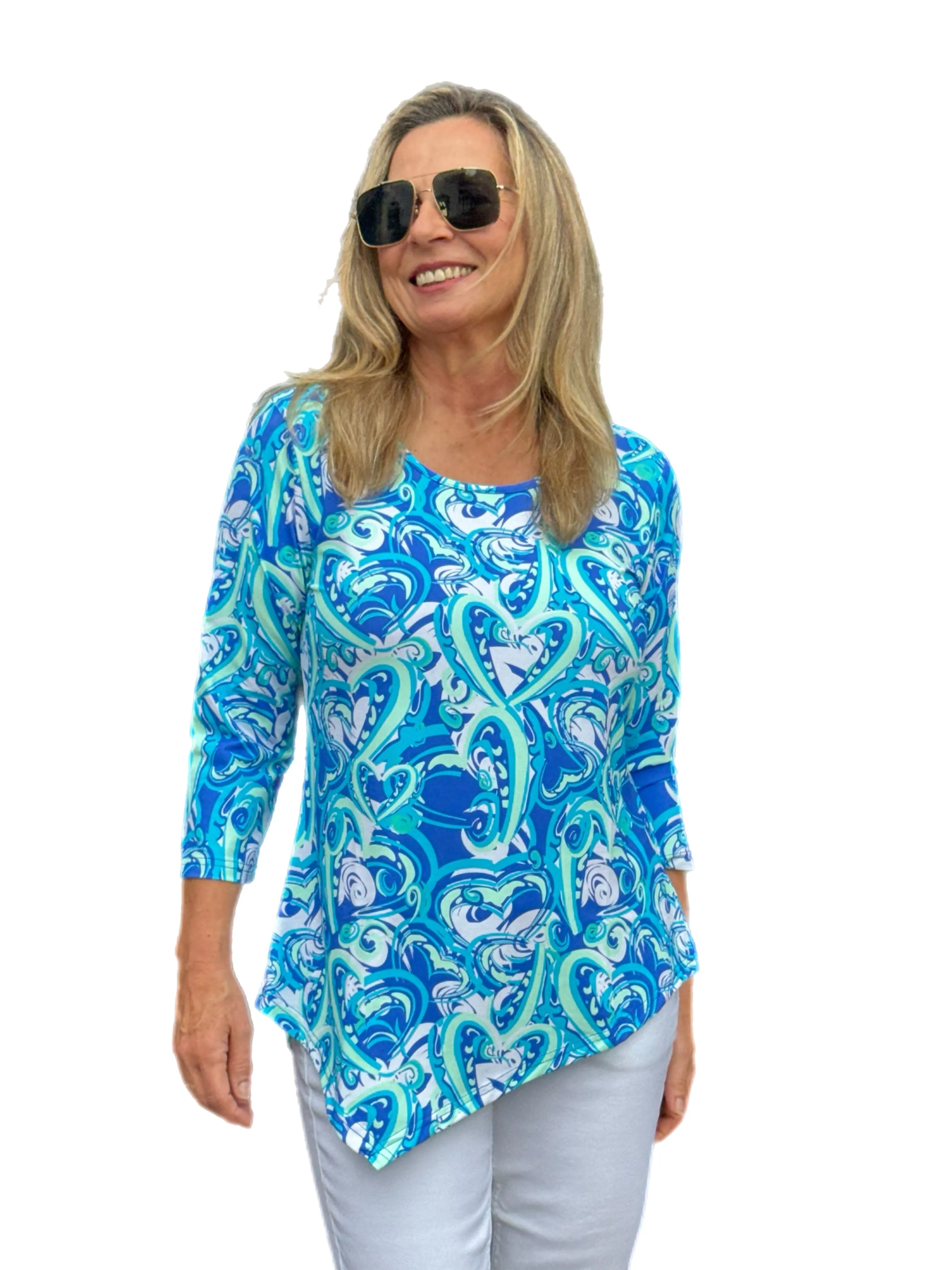 Asymmetrical Hemline Top with UPF50  Blue Hearts