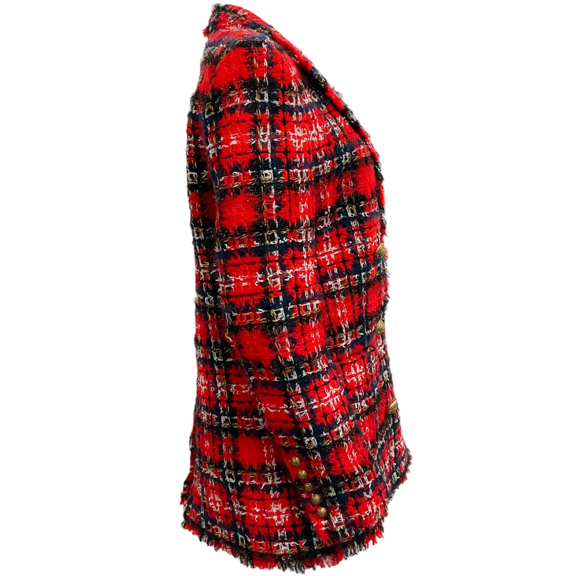 Balmain Red Tartan Tweed Double Breasted Blazer with Crest