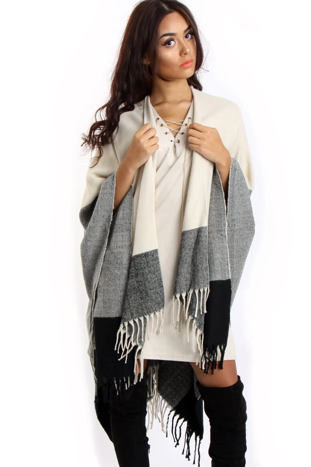 Beige Stripe Blanket Cape with Tassels