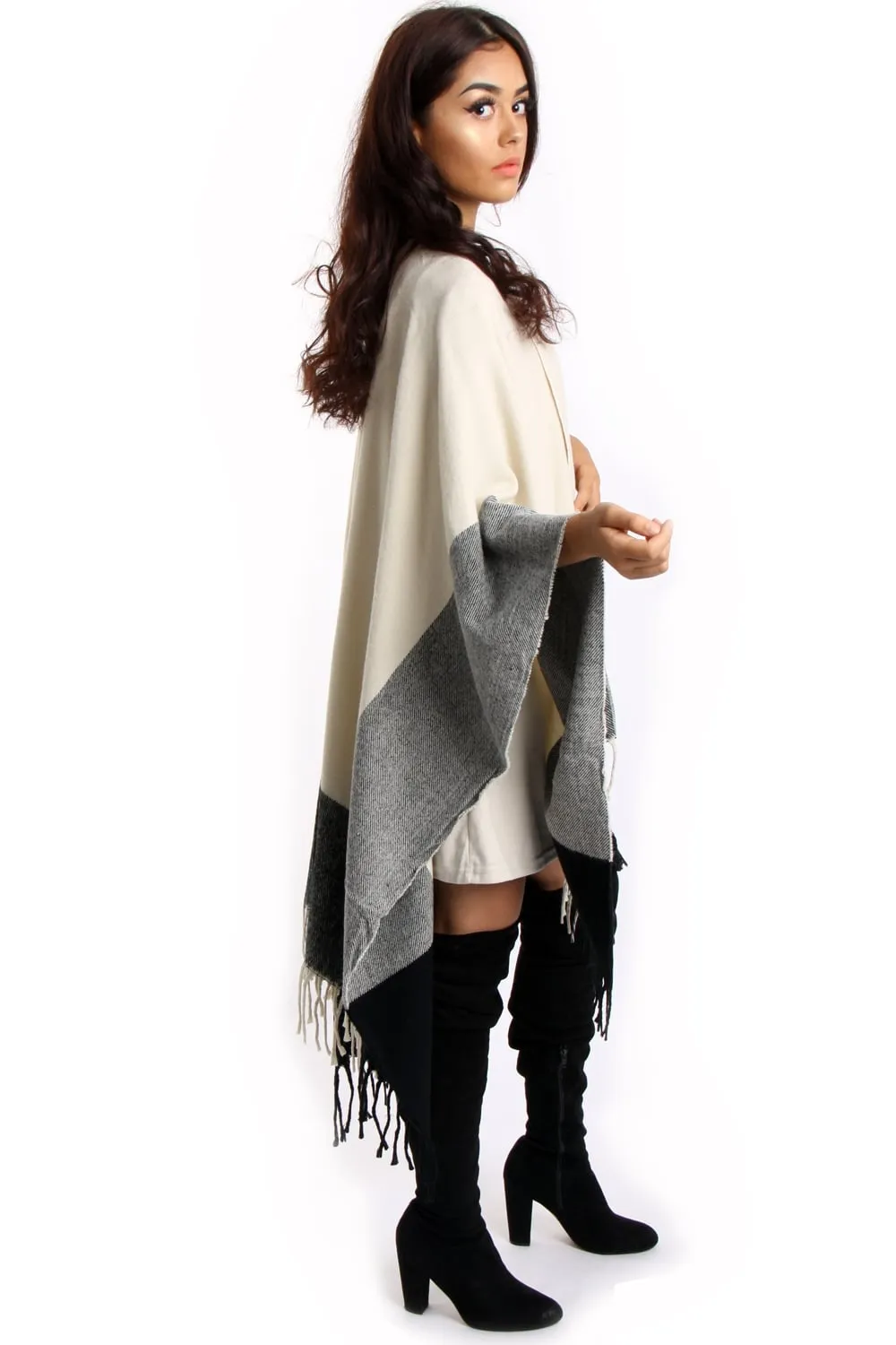 Beige Stripe Blanket Cape with Tassels