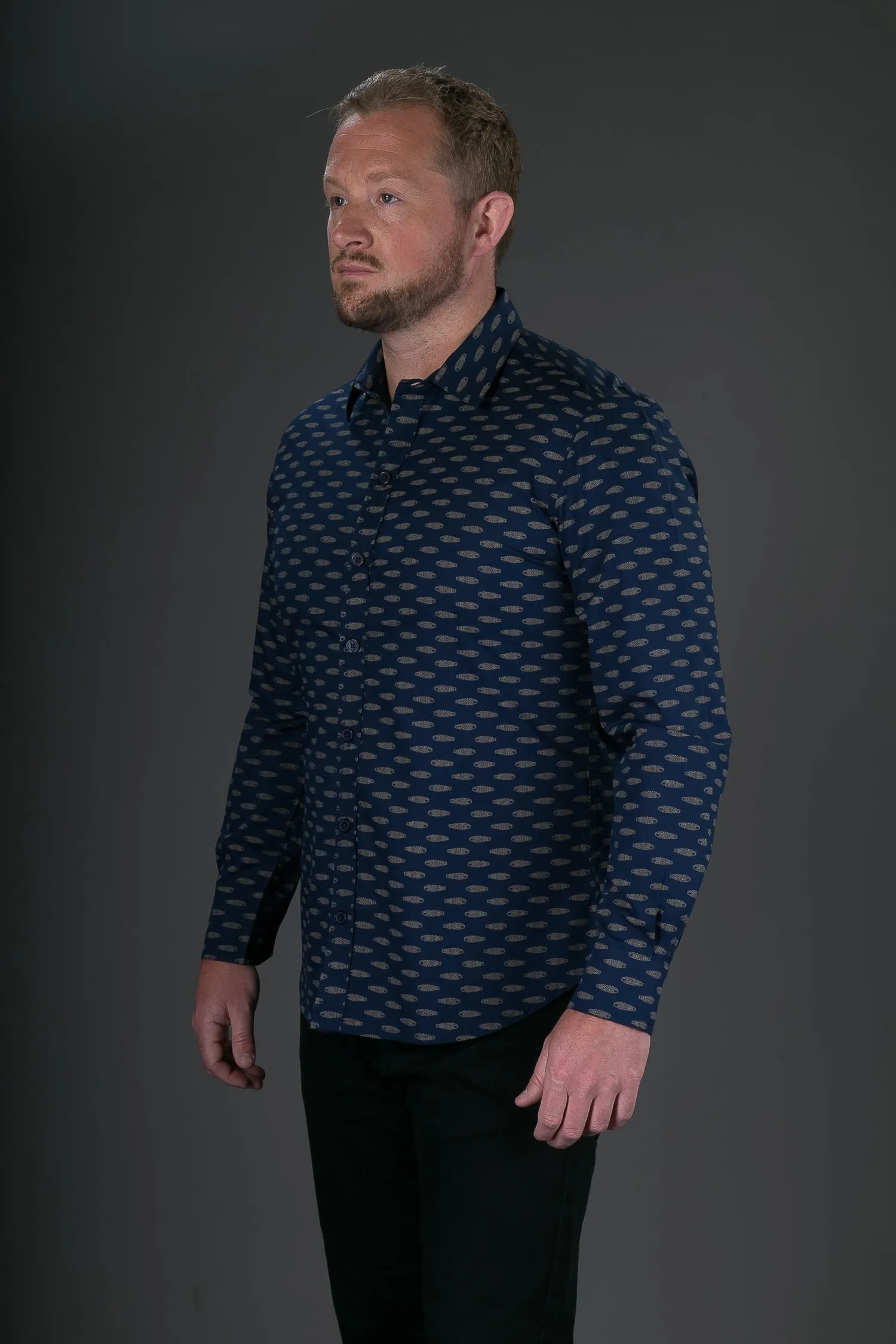 Blue Gold Fish Print Cotton Slim Fit Mens Shirt Long Sleeve