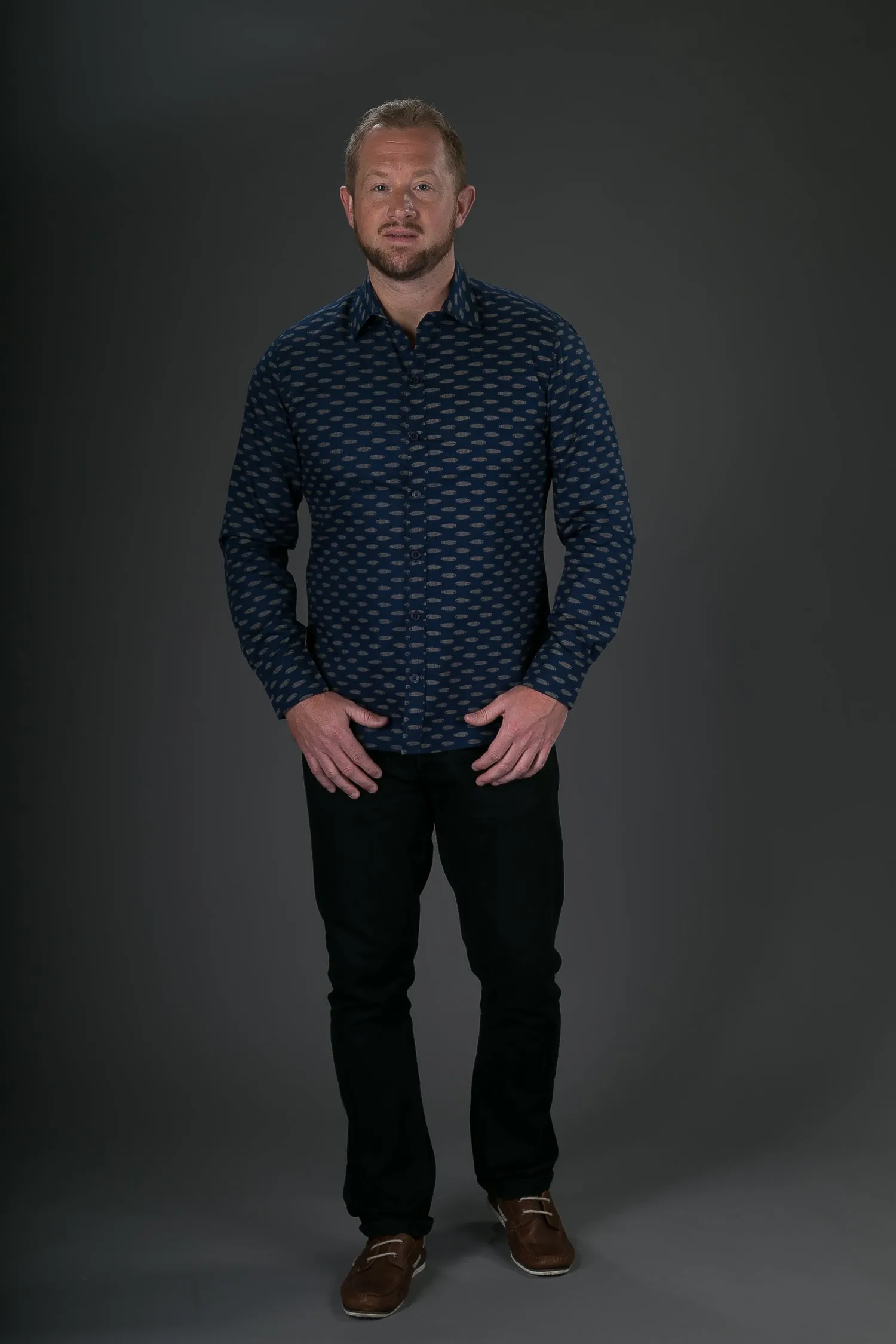 Blue Gold Fish Print Cotton Slim Fit Mens Shirt Long Sleeve