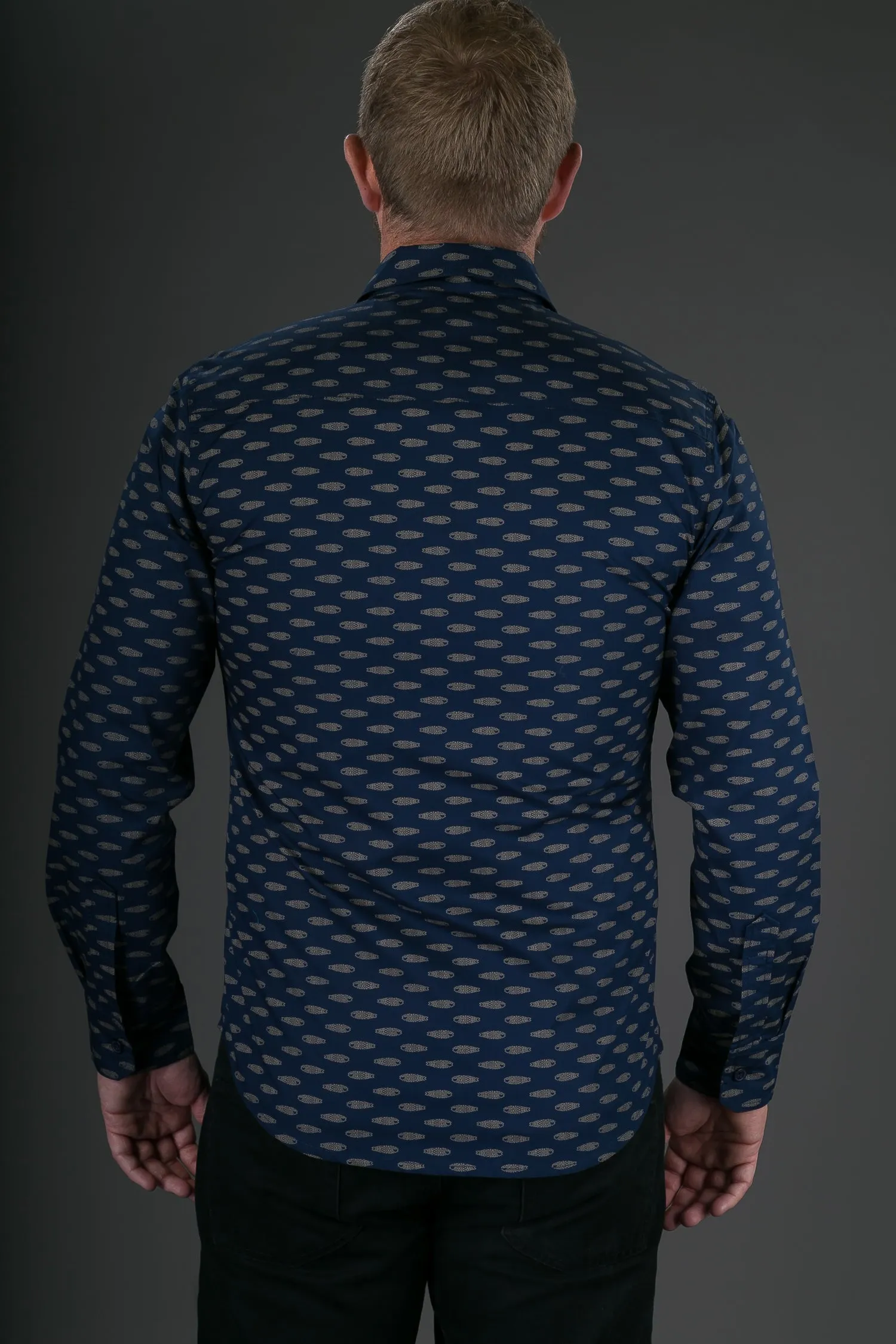 Blue Gold Fish Print Cotton Slim Fit Mens Shirt Long Sleeve