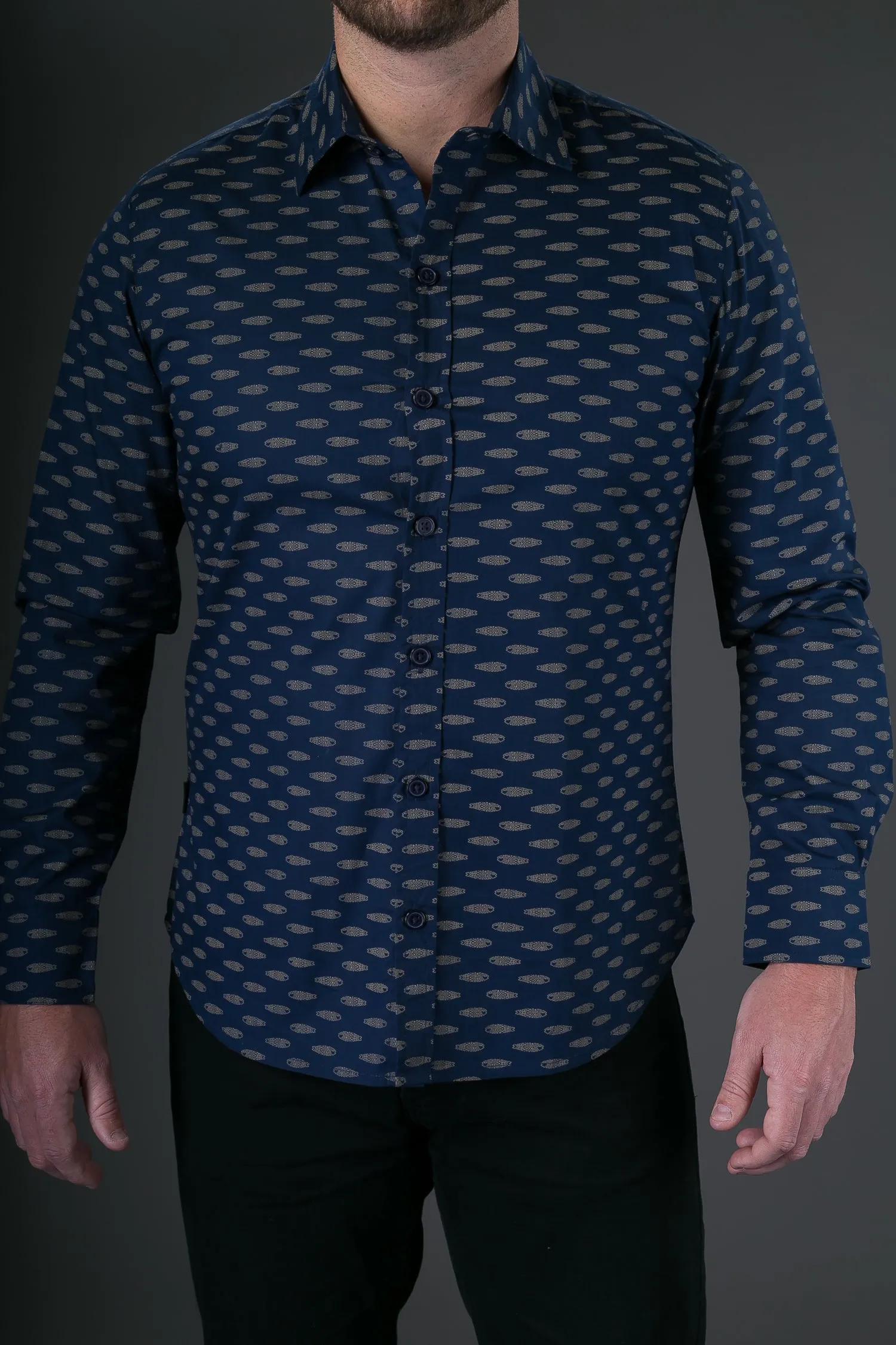 Blue Gold Fish Print Cotton Slim Fit Mens Shirt Long Sleeve