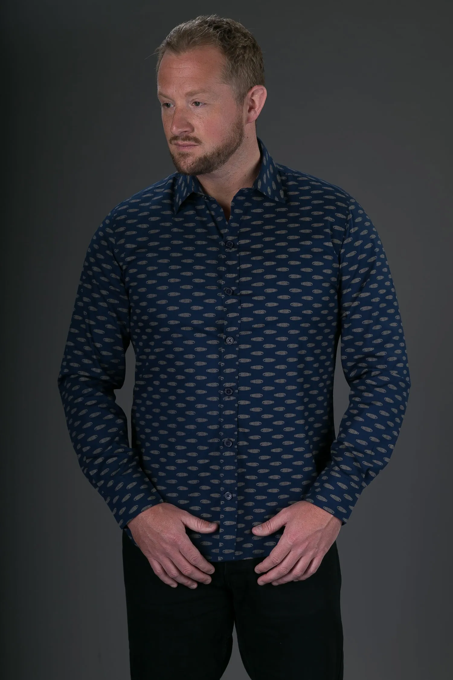 Blue Gold Fish Print Cotton Slim Fit Mens Shirt Long Sleeve