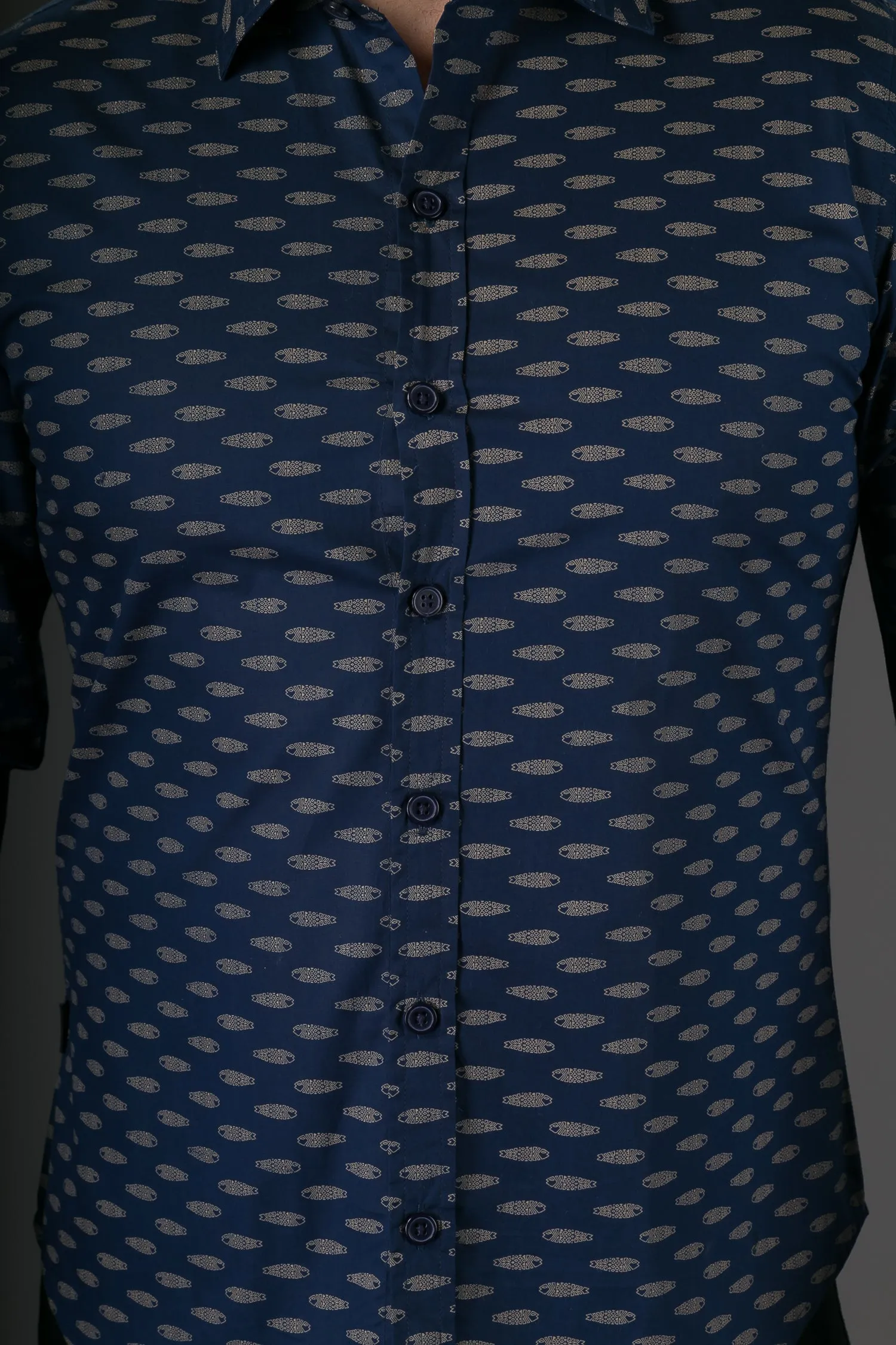 Blue Gold Fish Print Cotton Slim Fit Mens Shirt Long Sleeve