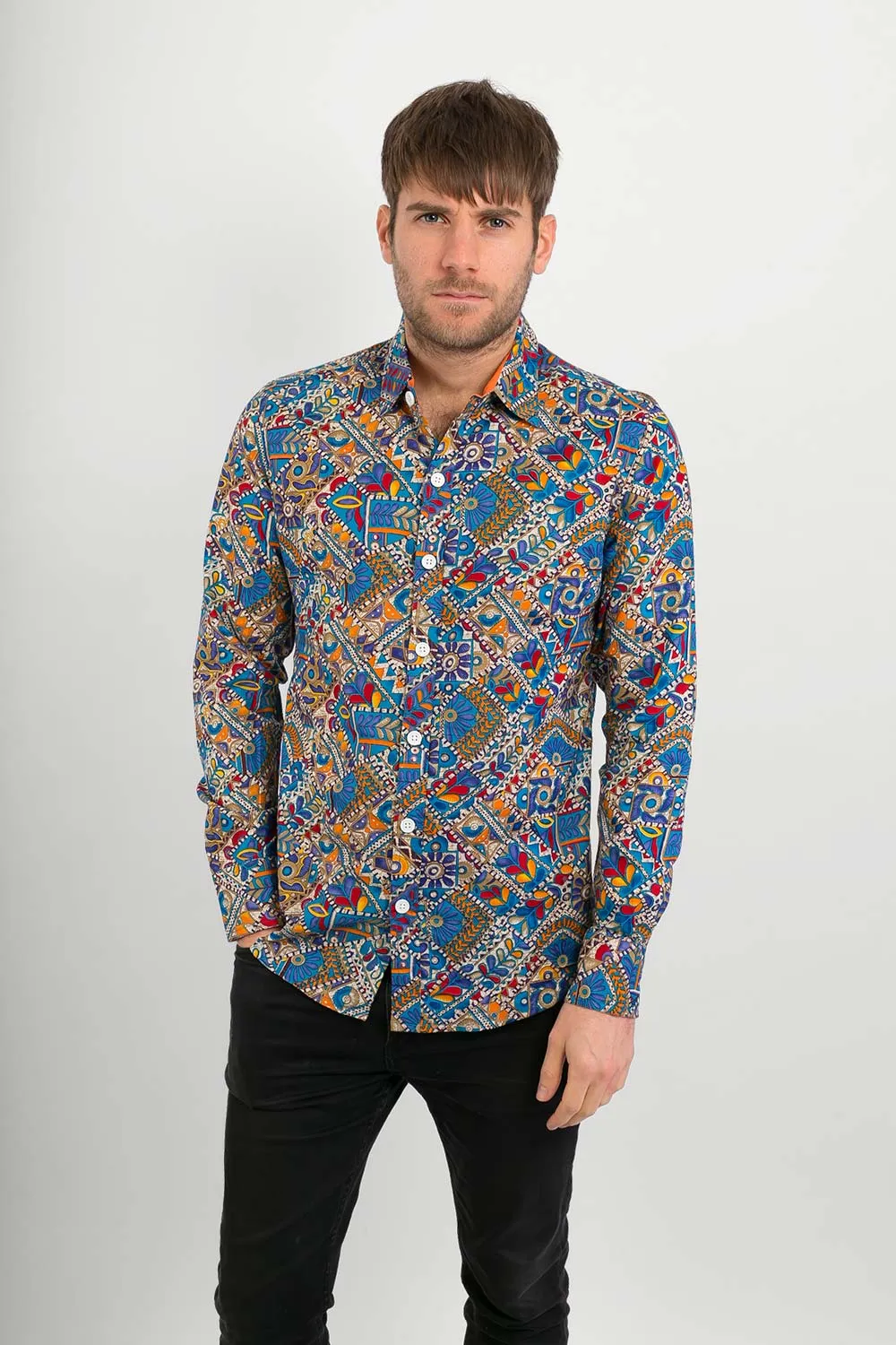 Blue Multi Coloured  Print Cotton Slim Fit Mens Shirt Long Sleeve