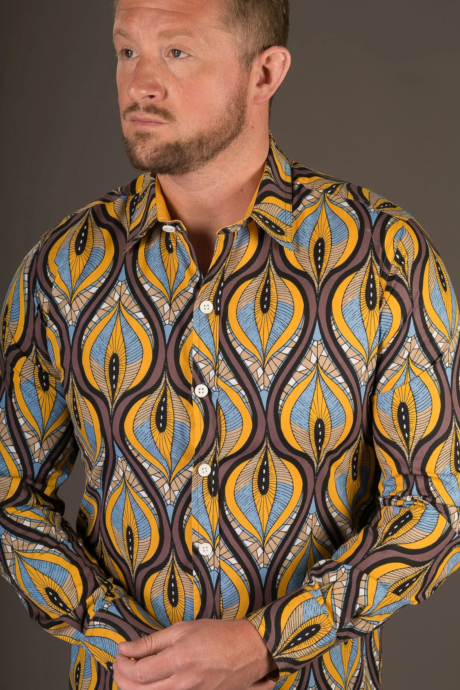 Blue Yellow Brown Print Cotton Slim and Regular Fit Mens Shirt Long Sleeve