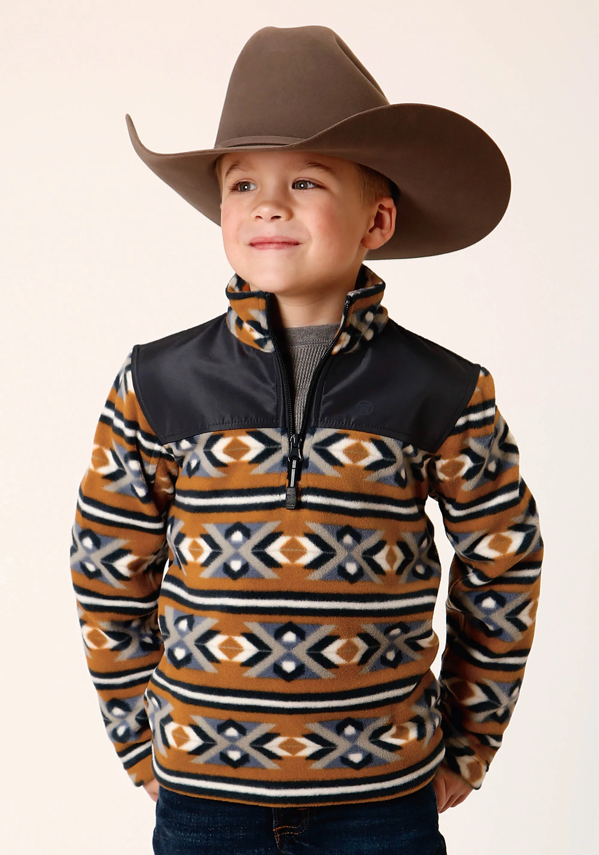 BOYS POLAR FLEECE  ORANGE AZTEC PRINT PULLOVER