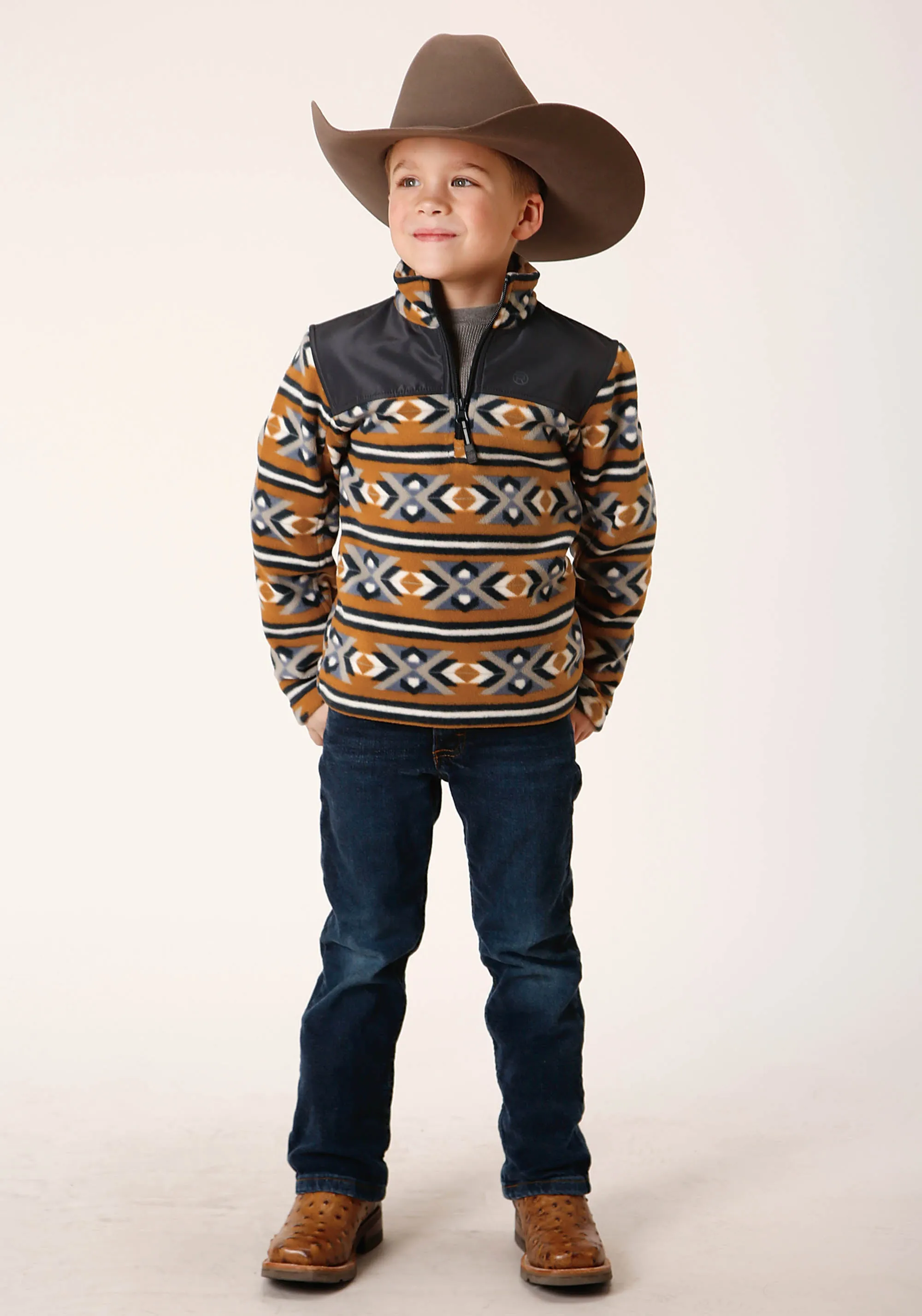 BOYS POLAR FLEECE  ORANGE AZTEC PRINT PULLOVER