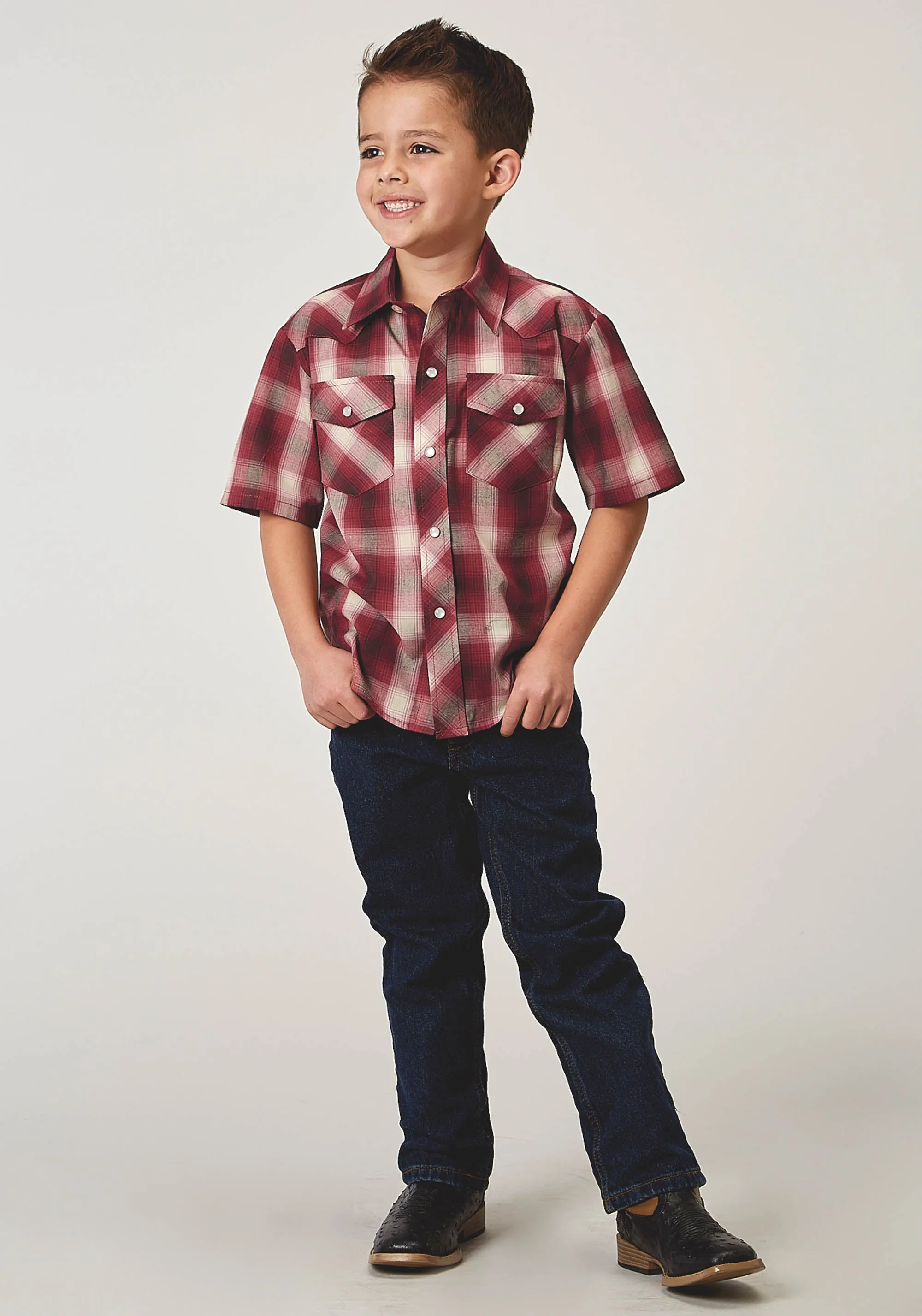 BOYS SHORT SLEEVE SNAP RED PLAID WESTERN SHIRT