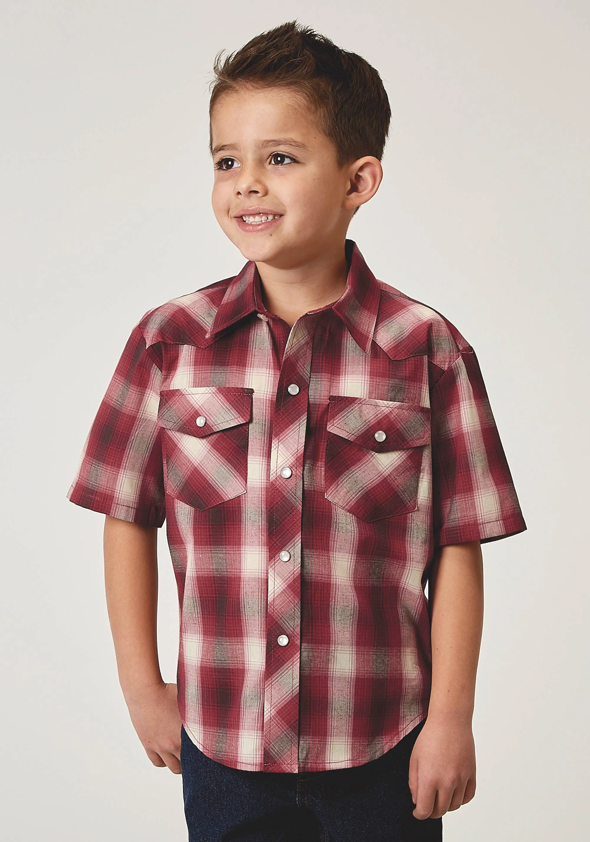 BOYS SHORT SLEEVE SNAP RED PLAID WESTERN SHIRT