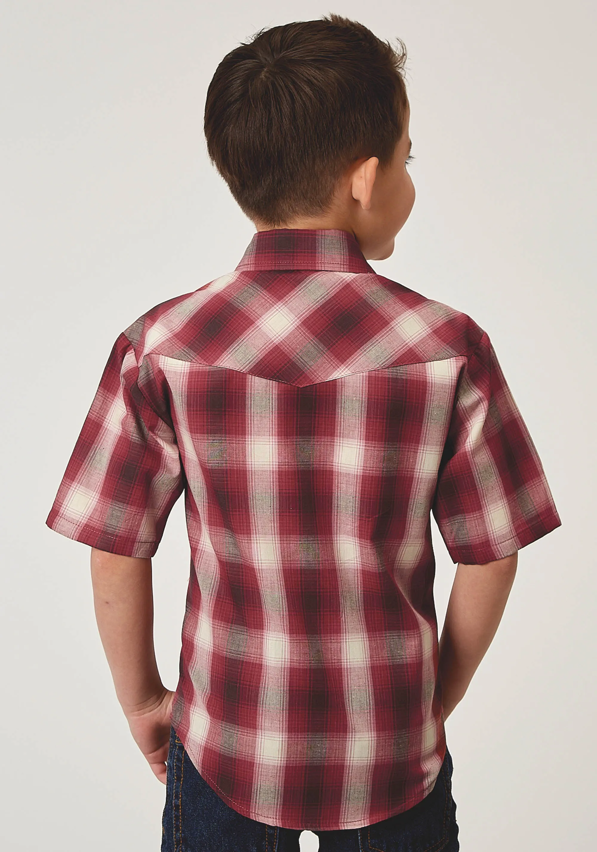 BOYS SHORT SLEEVE SNAP RED PLAID WESTERN SHIRT