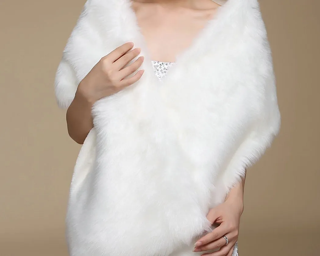 Elegant Lady Bridal Faux Fur Wedding Shawl - White