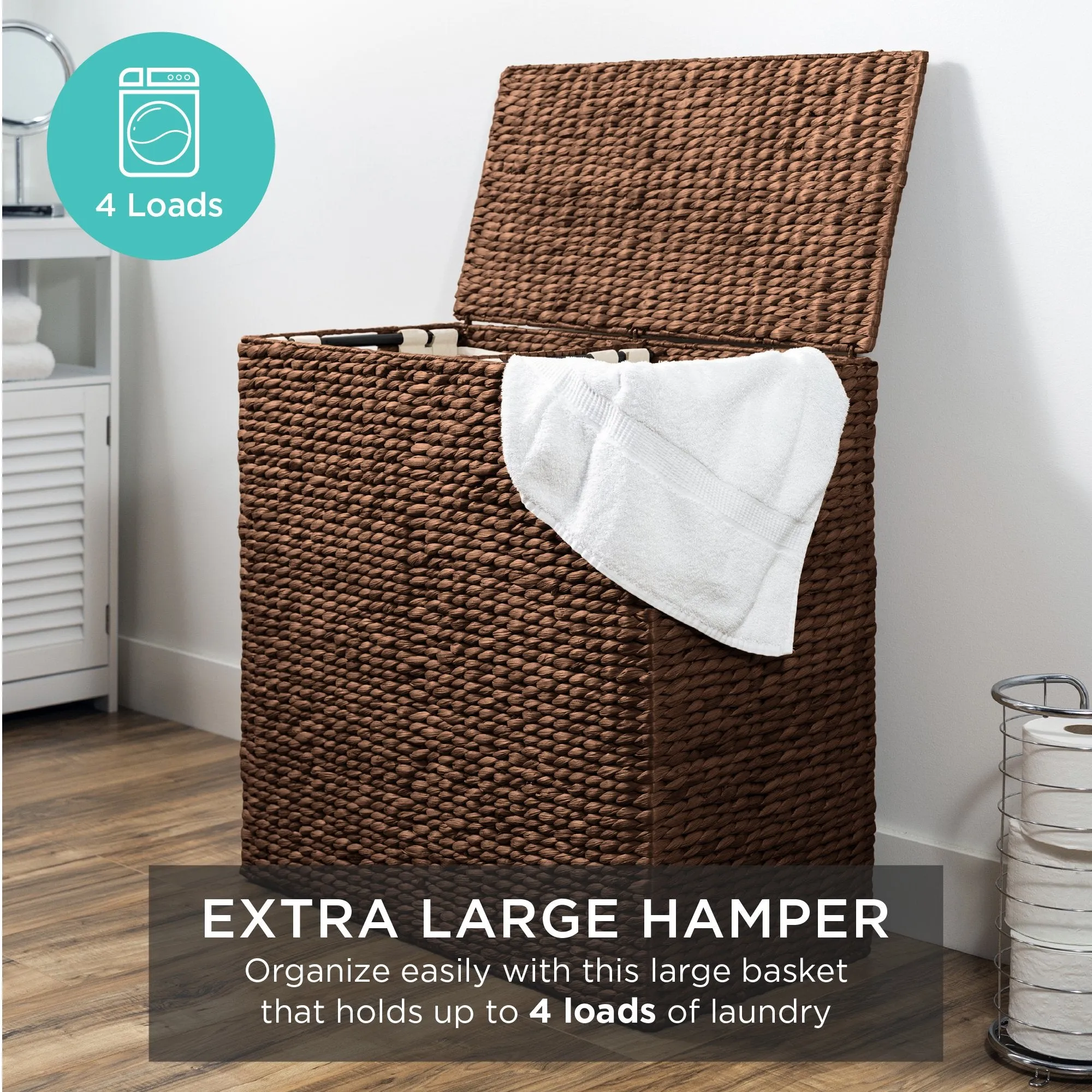 Extra Large Water Hyacinth Double Laundry Hamper Basket w/ 2 Liner Bags