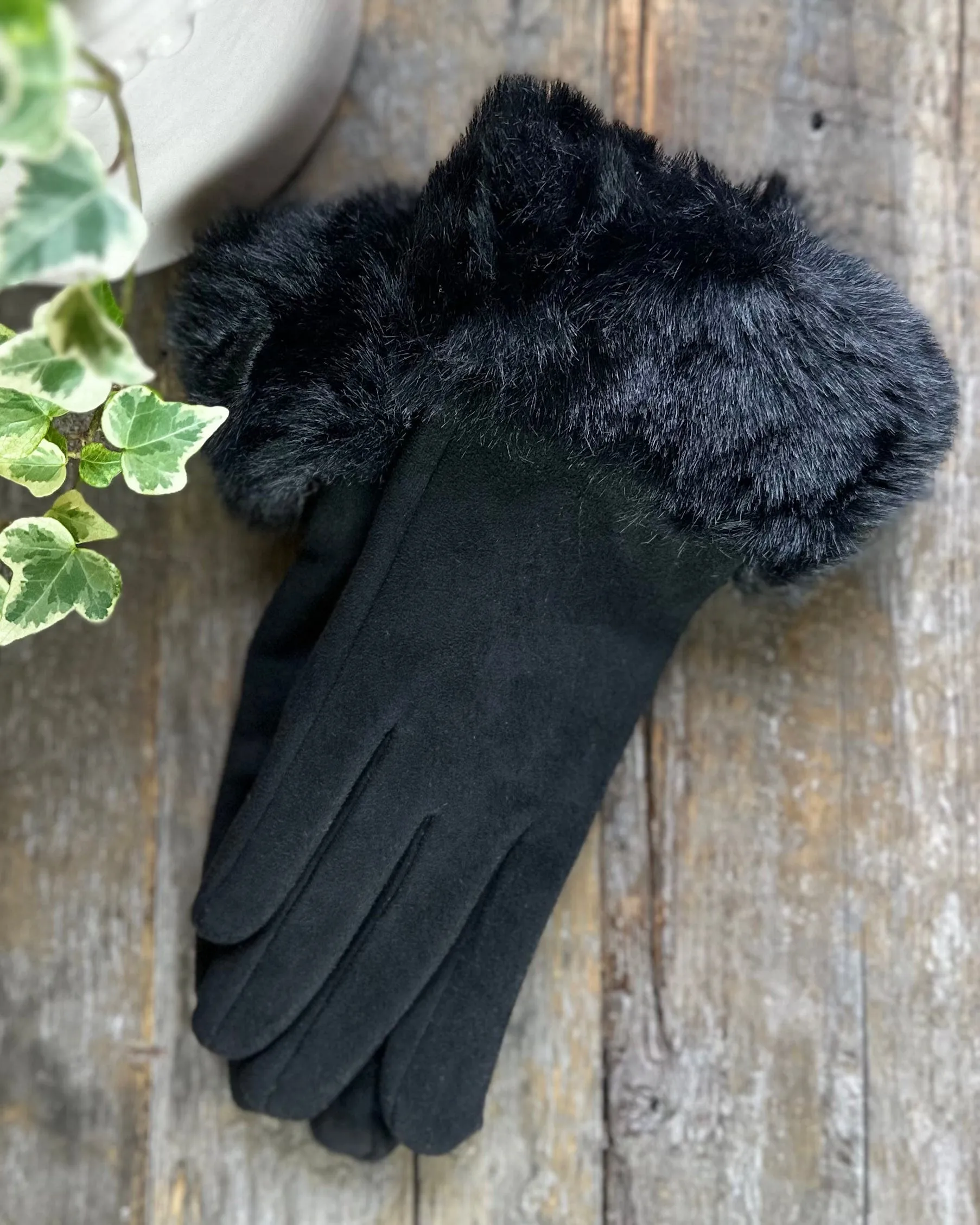 Faux Suede Gloves - Black