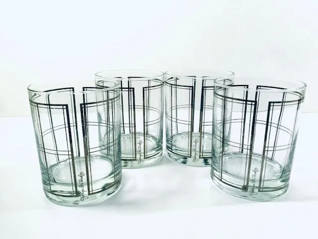 Georges Briard Signed Mid-Century Platinum Plaid Double Old Fashion Glasses (Set of 4)