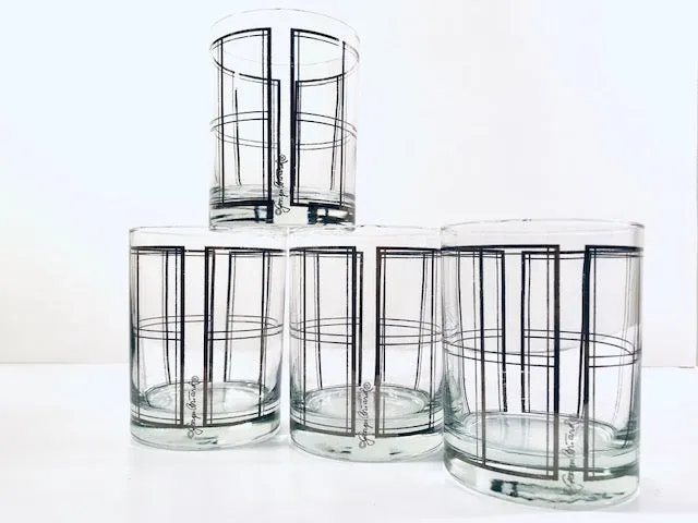 Georges Briard Signed Mid-Century Platinum Plaid Double Old Fashion Glasses (Set of 4)