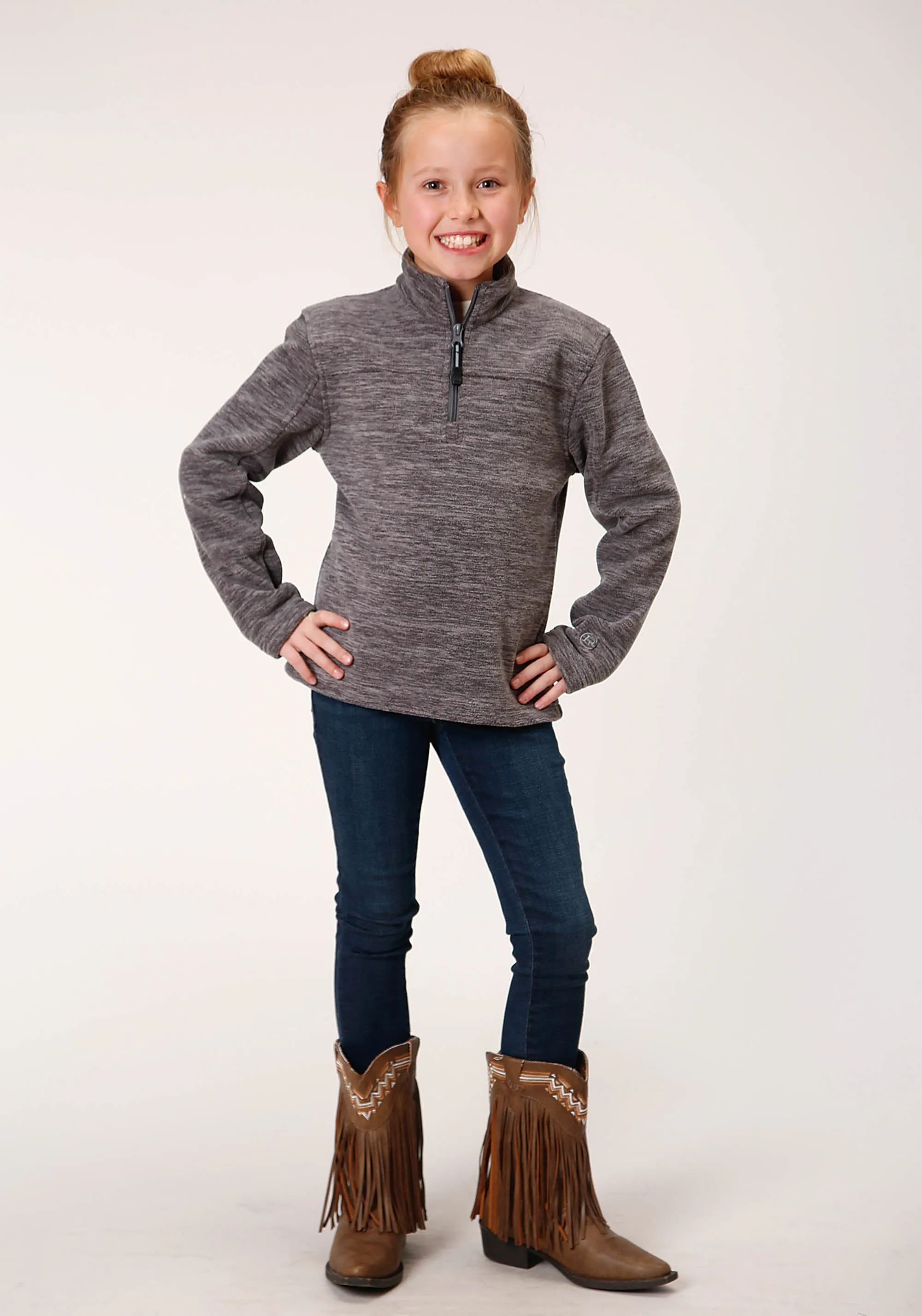 GIRLS  MELANGE GREY MICRO POLAR FLEECE PULLOVER