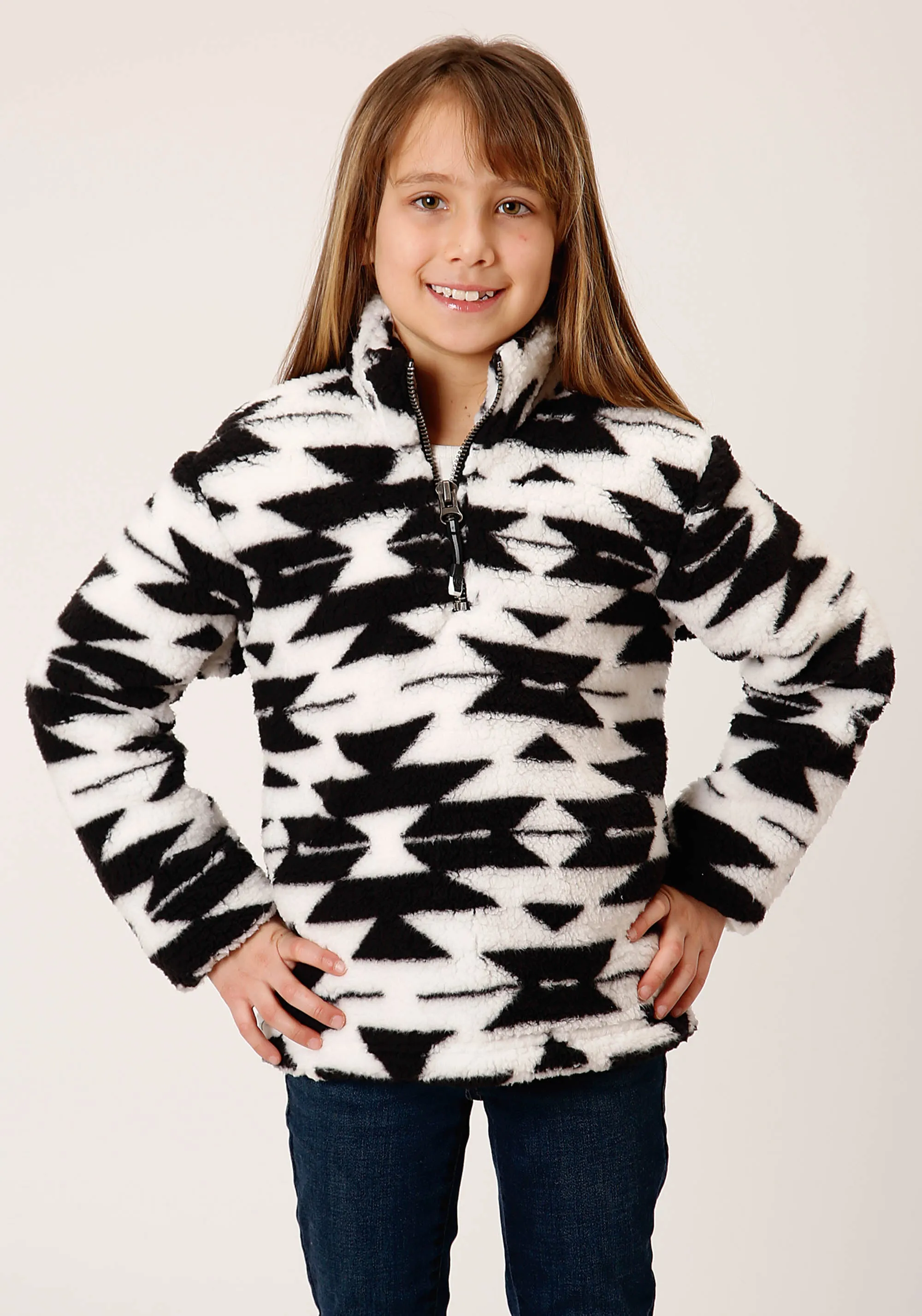 GIRLS WOMENS  BLACK WHITE AZTEC POLAR FLEECE PULLOVER