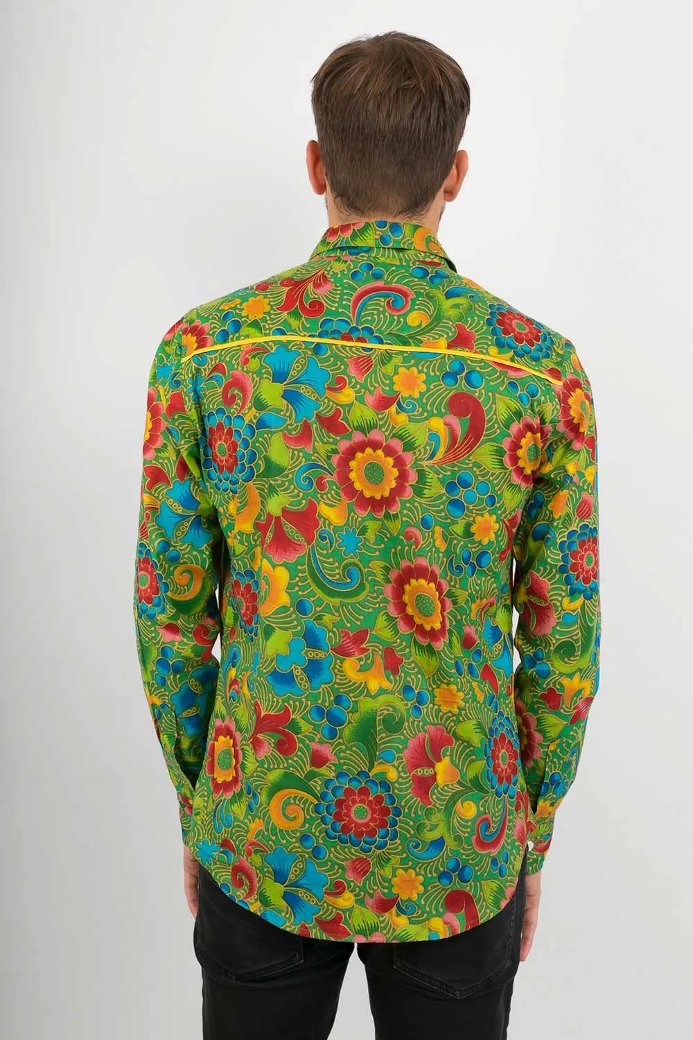 Green Multi Coloured Floral Print Cotton Slim Fit Mens Shirt Long Sleeve