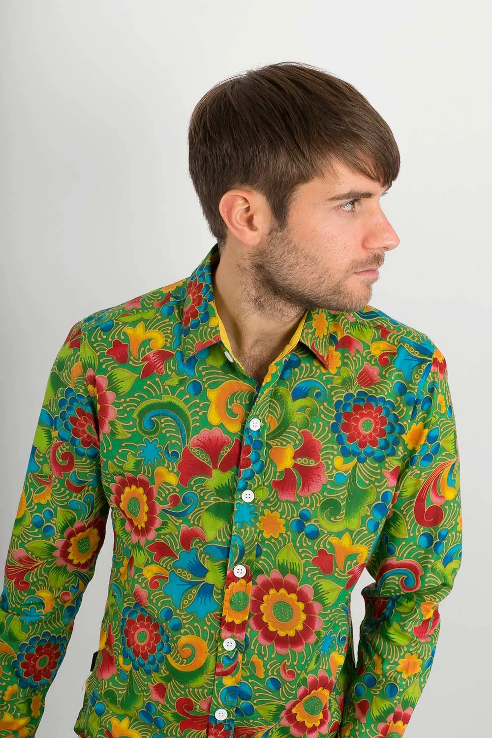 Green Multi Coloured Floral Print Cotton Slim Fit Mens Shirt Long Sleeve