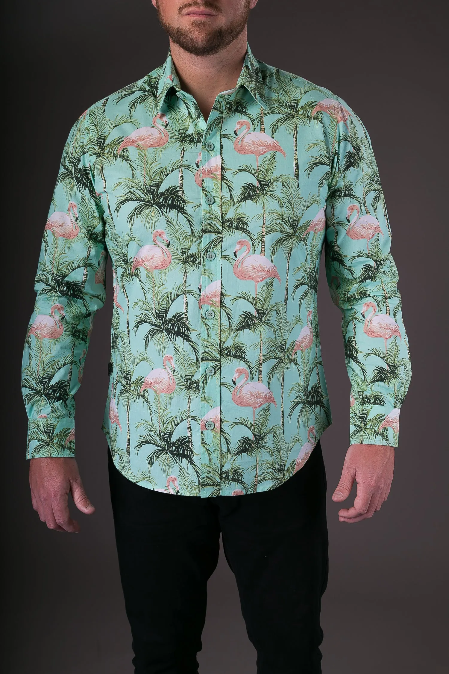 Green Pink Flamingo Birds Print Cotton Slim Fit Mens Shirt Long Sleeve