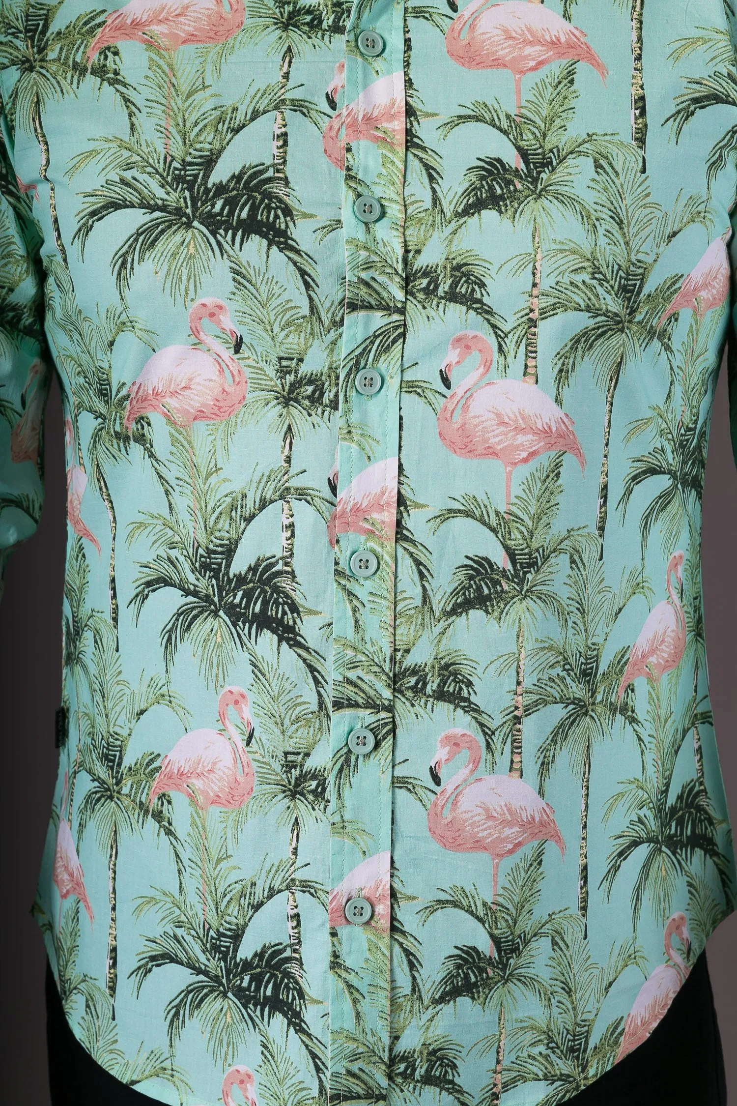 Green Pink Flamingo Birds Print Cotton Slim Fit Mens Shirt Long Sleeve