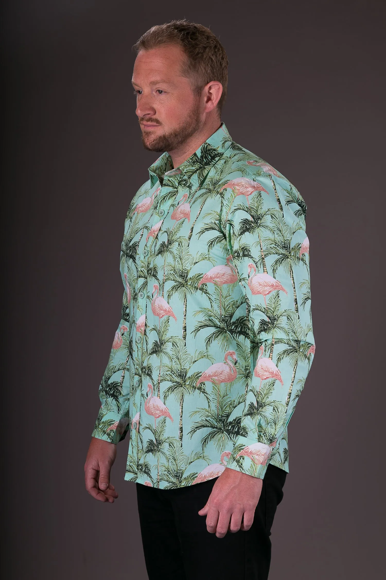 Green Pink Flamingo Birds Print Cotton Slim Fit Mens Shirt Long Sleeve