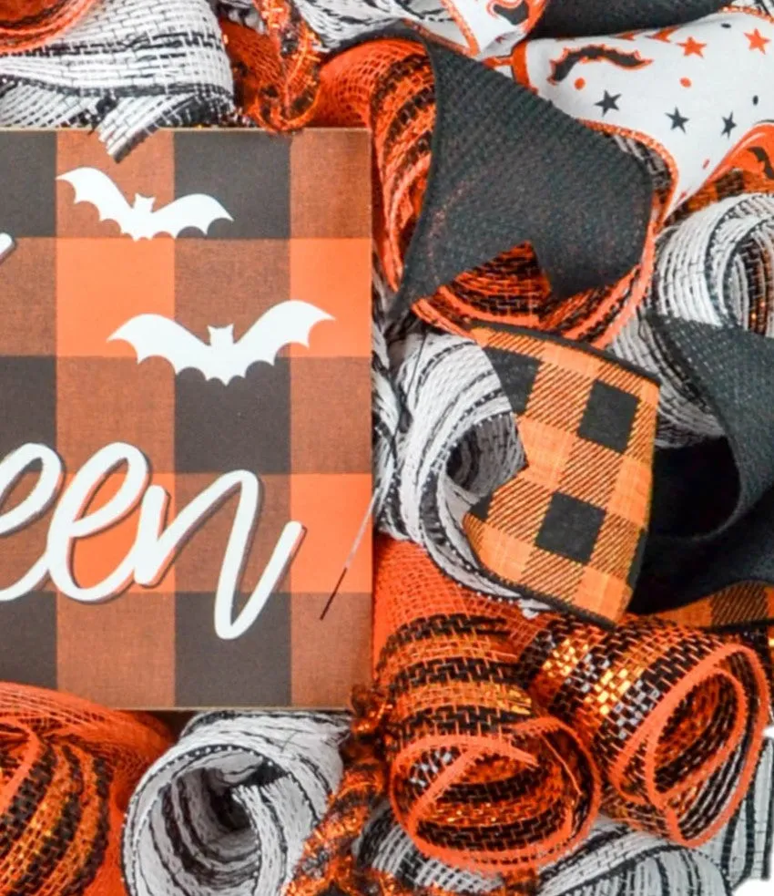 Happy Halloween Buffalo Plaid Wreath - Orange and Black Checkered Front Door Wreaths - Fall Decor