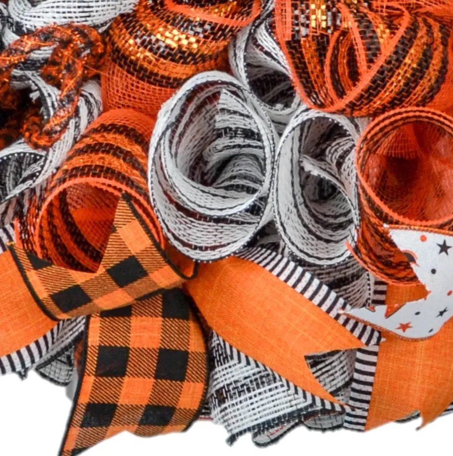 Happy Halloween Buffalo Plaid Wreath - Orange and Black Checkered Front Door Wreaths - Fall Decor