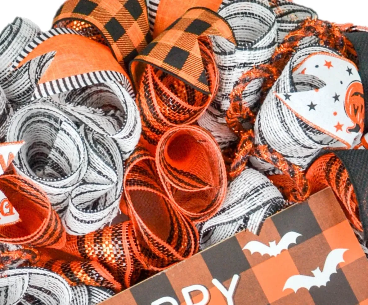 Happy Halloween Buffalo Plaid Wreath - Orange and Black Checkered Front Door Wreaths - Fall Decor