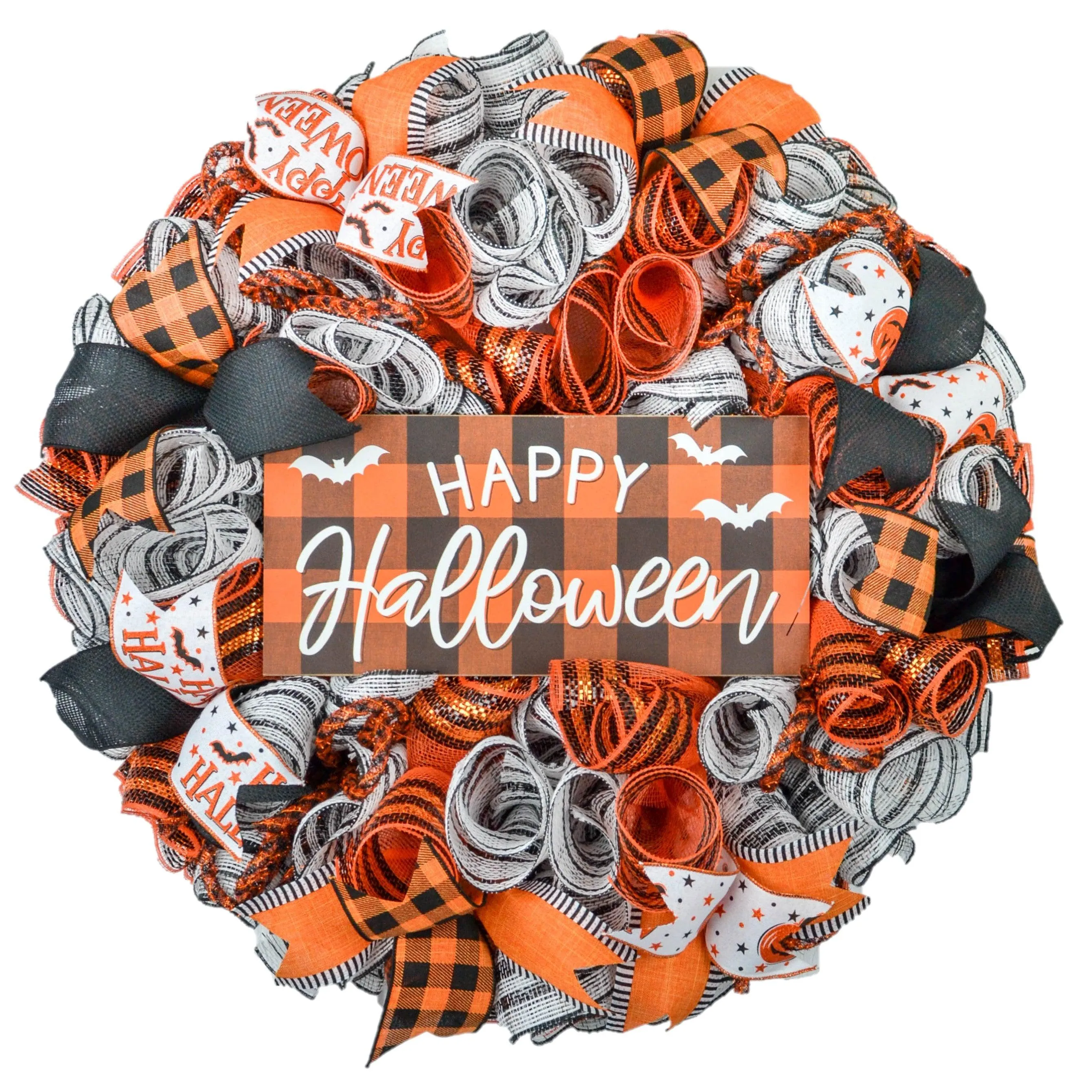 Happy Halloween Buffalo Plaid Wreath - Orange and Black Checkered Front Door Wreaths - Fall Decor