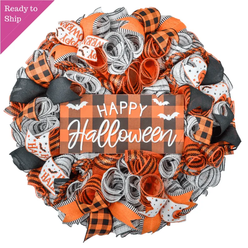 Happy Halloween Buffalo Plaid Wreath - Orange and Black Checkered Front Door Wreaths - Fall Decor