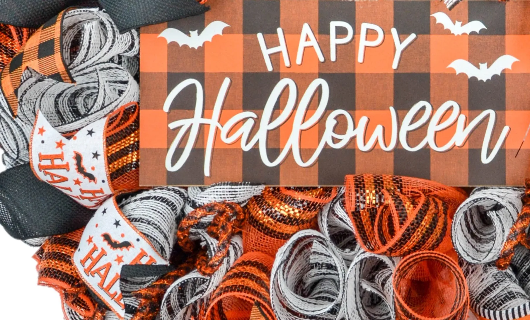 Happy Halloween Buffalo Plaid Wreath - Orange and Black Checkered Front Door Wreaths - Fall Decor