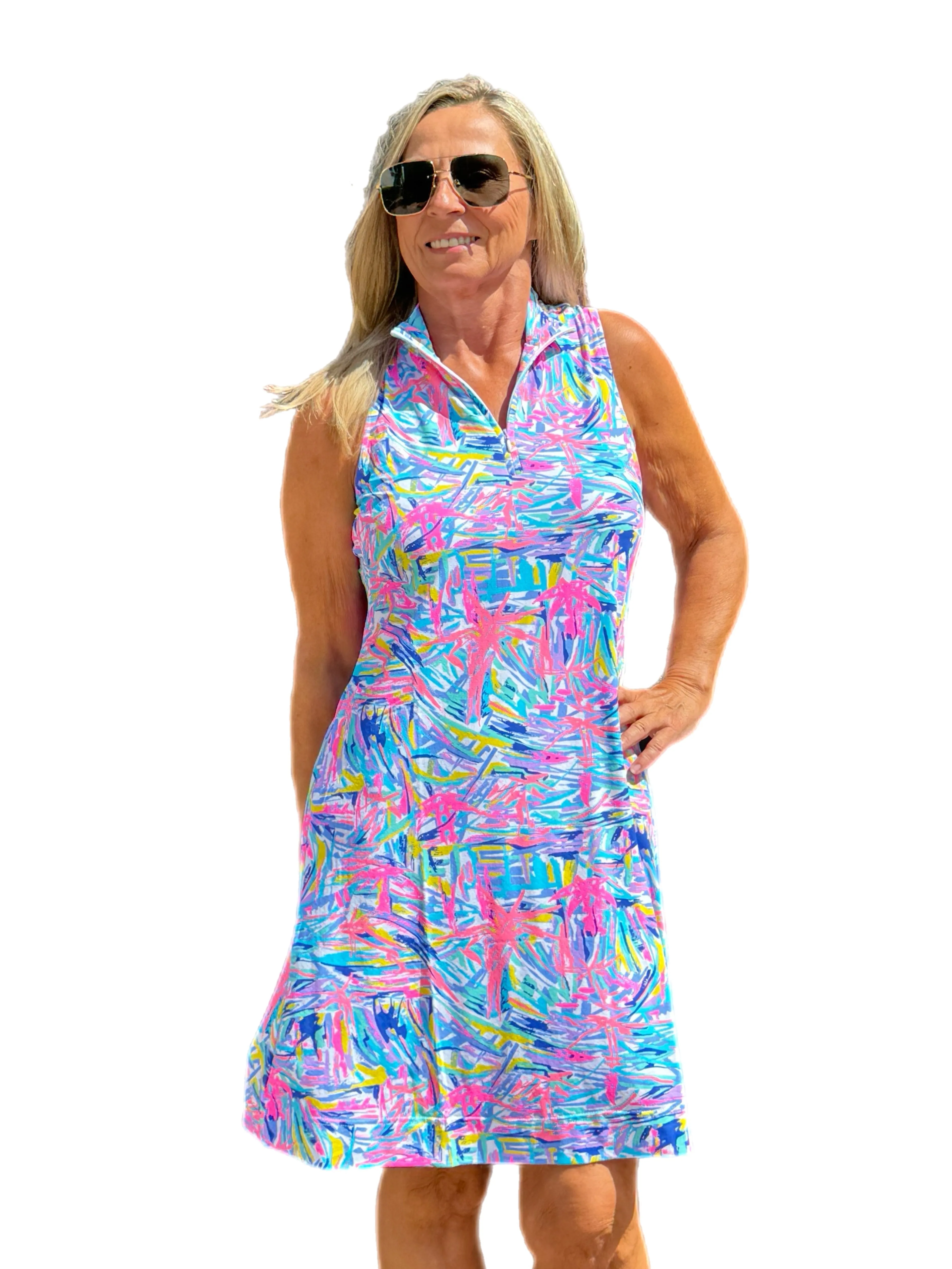 High Zip-Neck Sleeveless Dress with UPF50  Blue Flowers