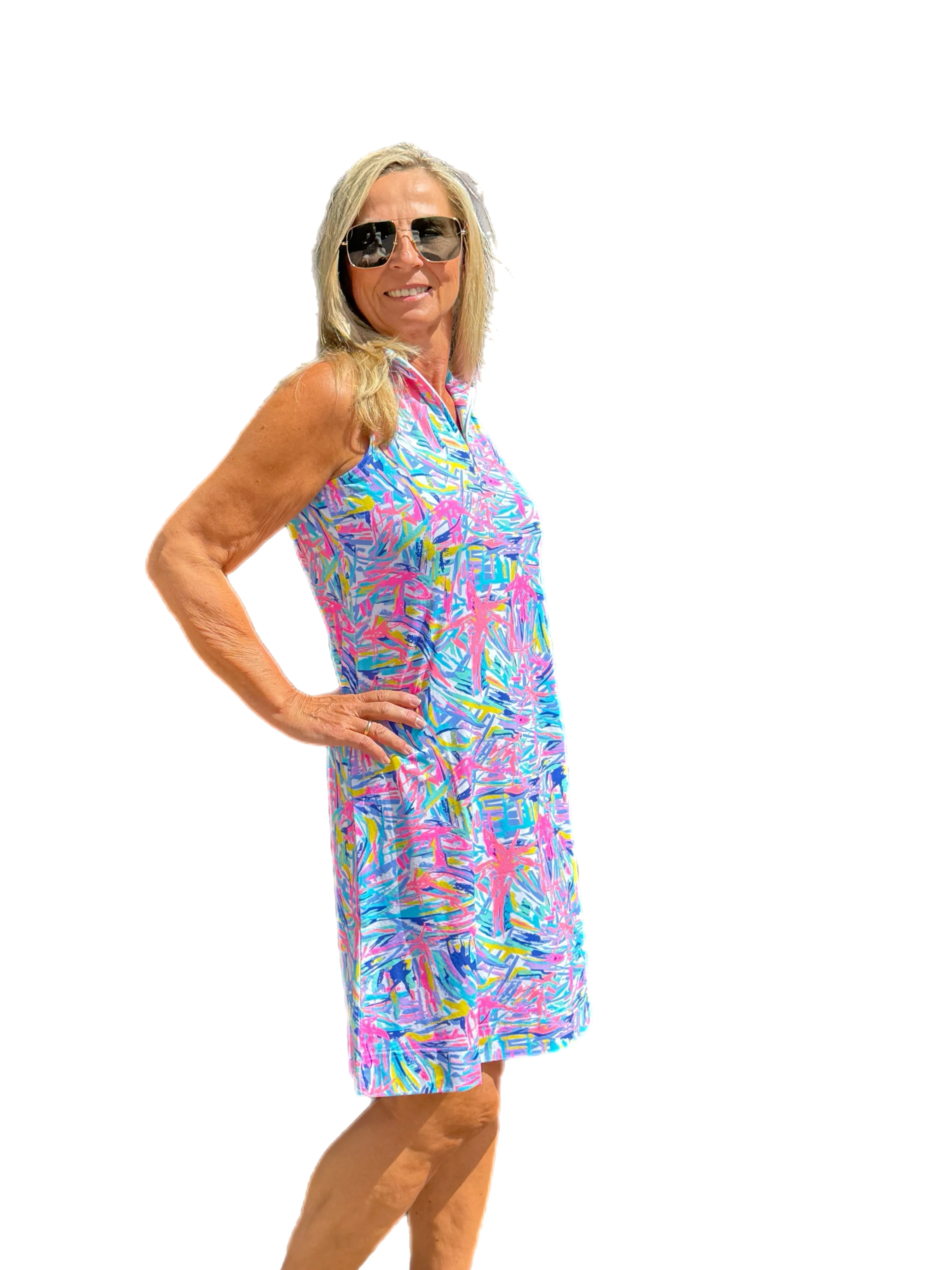 High Zip-Neck Sleeveless Dress with UPF50  Blue Flowers