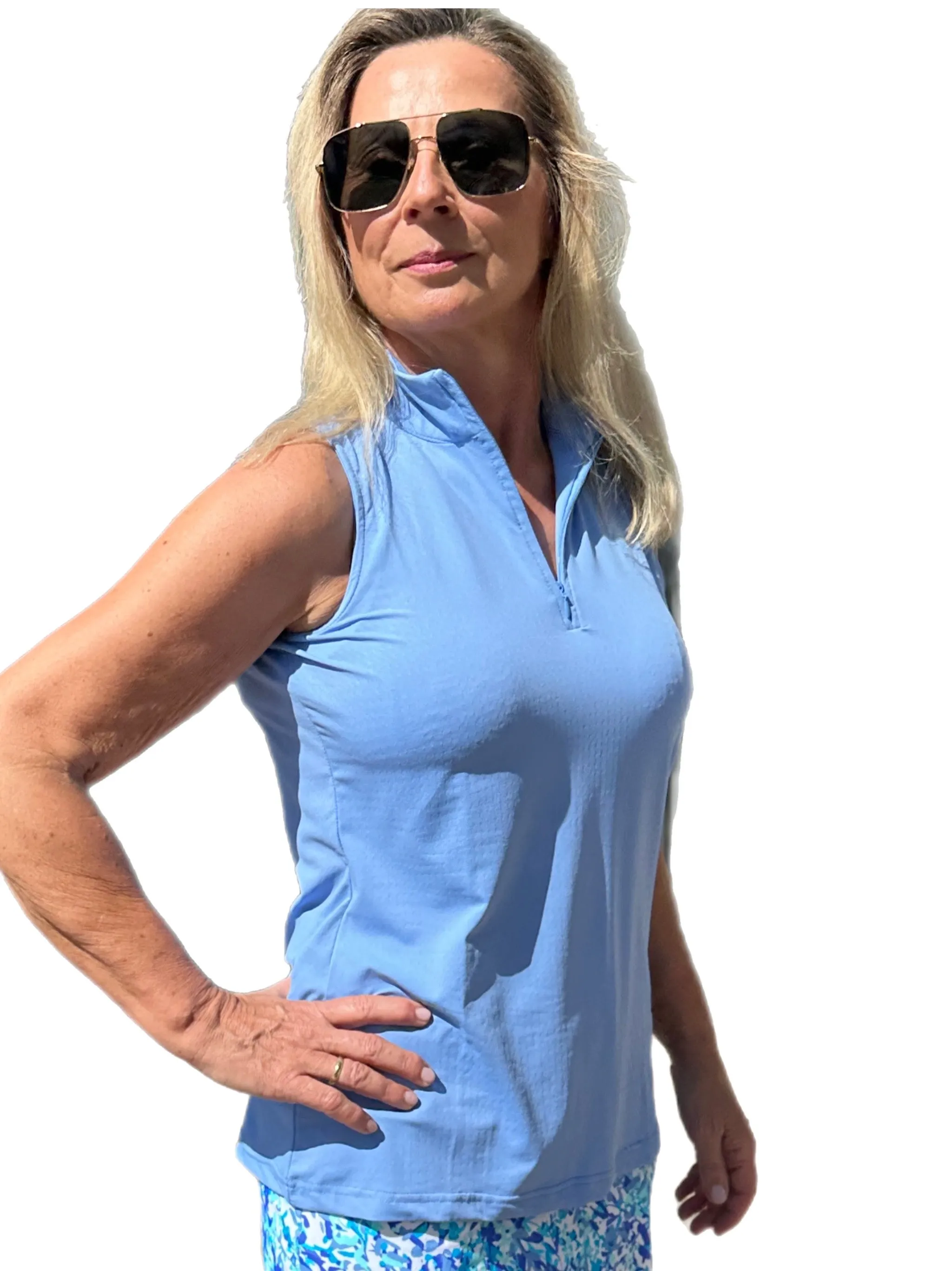 High Zip-Neck Sleeveless Top with UPF50  Clear Periwinkle