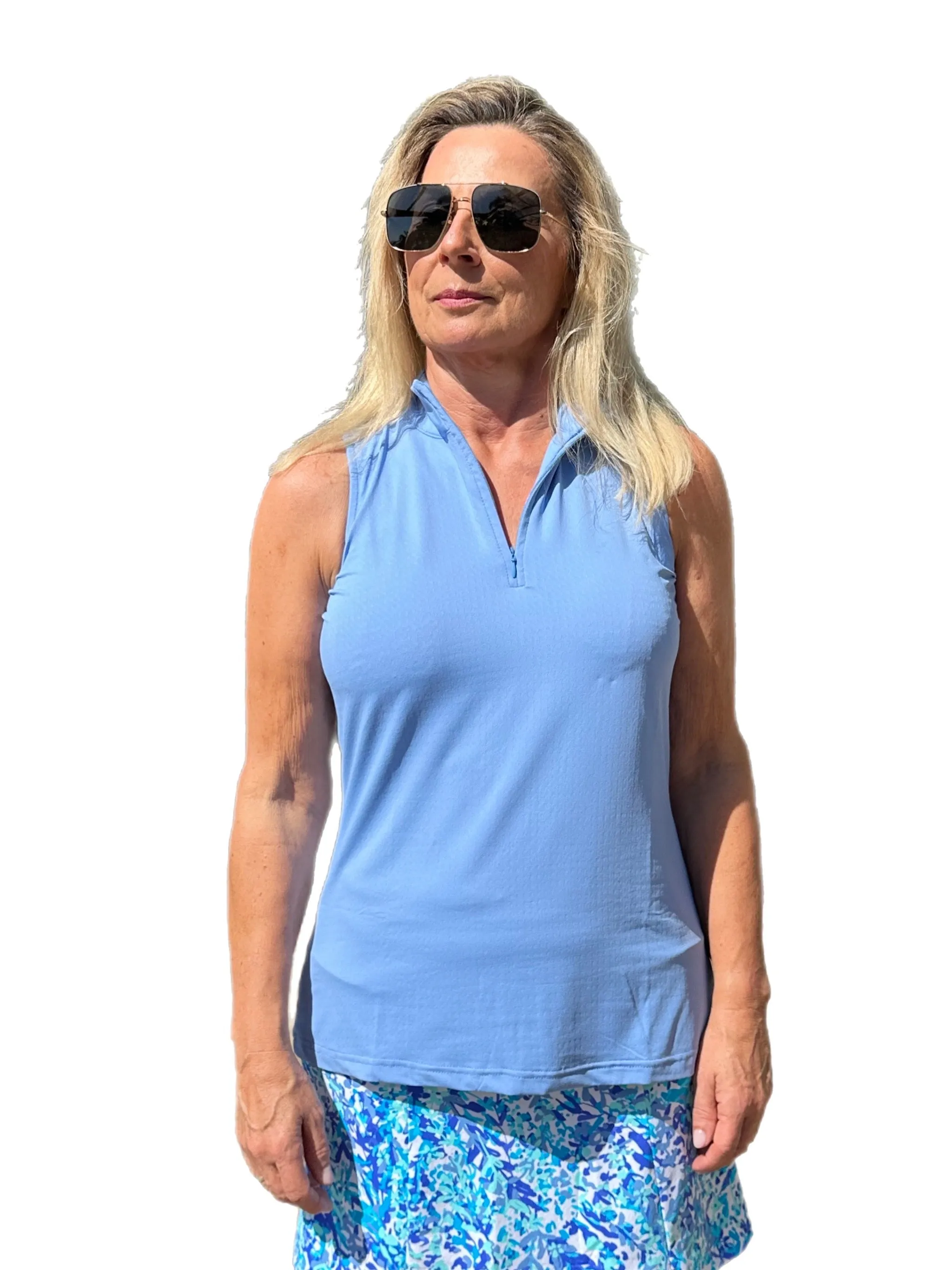 High Zip-Neck Sleeveless Top with UPF50  Clear Periwinkle