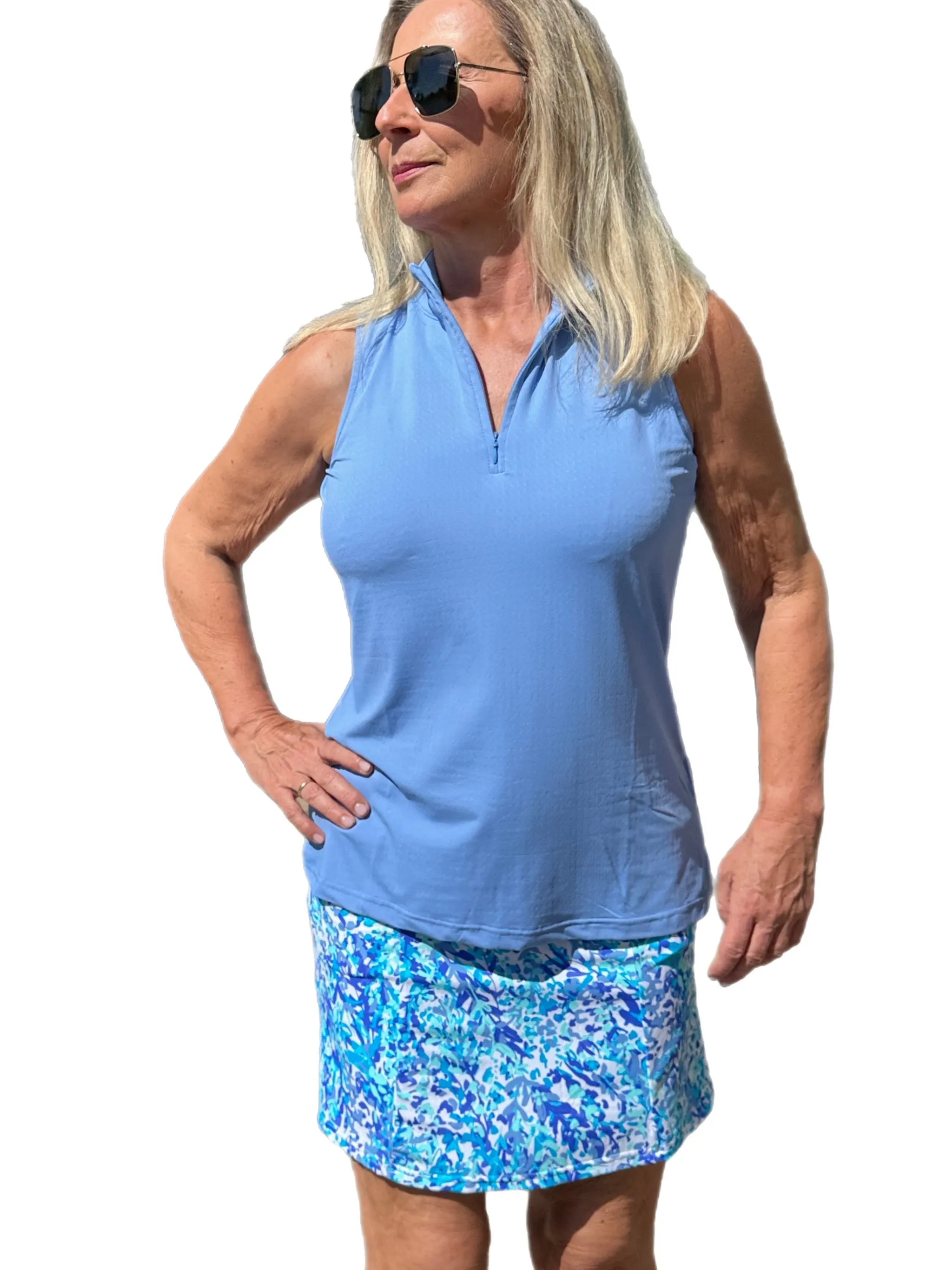 High Zip-Neck Sleeveless Top with UPF50  Clear Periwinkle